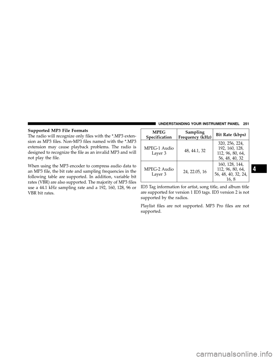 JEEP PATRIOT 2010 1.G Owners Manual Supported MP3 File Formats
The radio will recognize only files with the *.MP3 exten-
sion as MP3 files. Non-MP3 files named with the *.MP3
extension may cause playback problems. The radio is
designed 