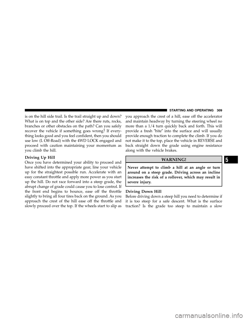 JEEP PATRIOT 2010 1.G Owners Manual is on the hill side trail. Is the trail straight up and down?
What is on top and the other side? Are there ruts, rocks,
branches or other obstacles on the path? Can you safely
recover the vehicle if s