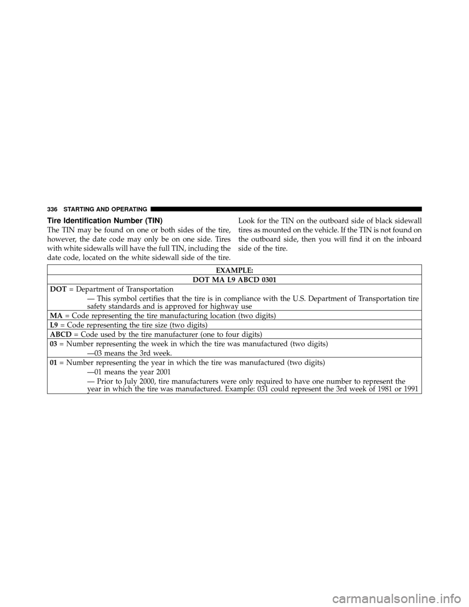 JEEP PATRIOT 2010 1.G Owners Manual Tire Identification Number (TIN)
The TIN may be found on one or both sides of the tire,
however, the date code may only be on one side. Tires
with white sidewalls will have the full TIN, including the