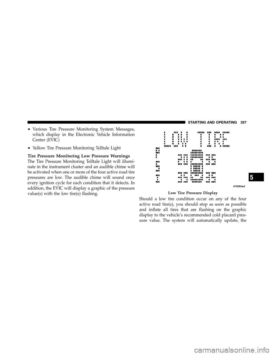 JEEP PATRIOT 2010 1.G Owners Manual •Various Tire Pressure Monitoring System Messages,
which display in the Electronic Vehicle Information
Center (EVIC)
•Yellow Tire Pressure Monitoring Telltale Light
Tire Pressure Monitoring Low Pr