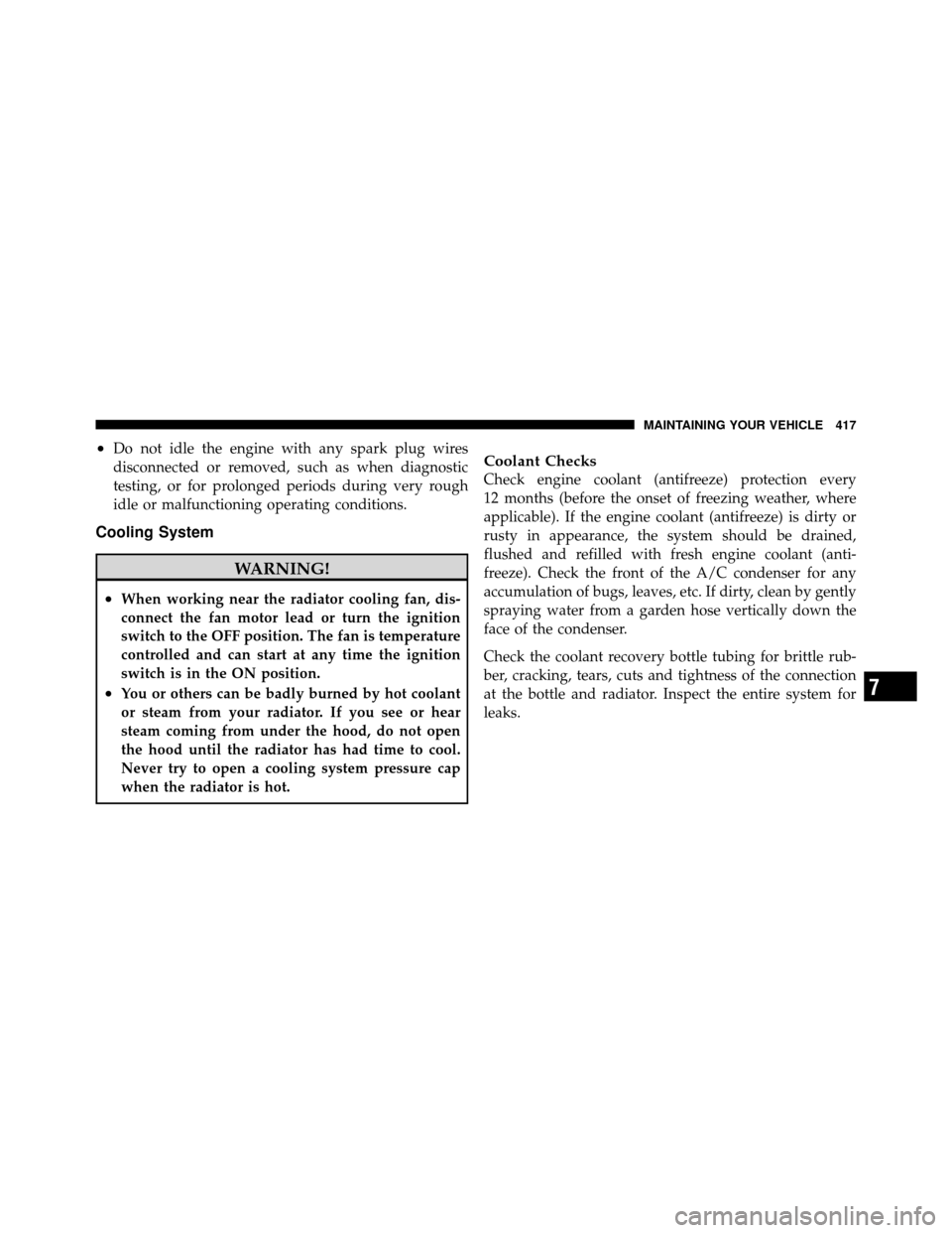 JEEP PATRIOT 2010 1.G Owners Manual •Do not idle the engine with any spark plug wires
disconnected or removed, such as when diagnostic
testing, or for prolonged periods during very rough
idle or malfunctioning operating conditions.
Co