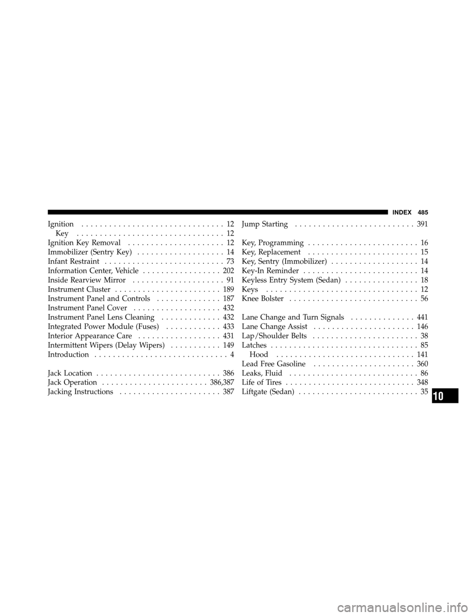 JEEP PATRIOT 2010 1.G Owners Manual Ignition............................... 12
Key ................................ 12
Ignition Key Removal ..................... 12
Immobilizer (Sentry Key) ................... 14
Infant Restraint ...... JEEP PATRIOT 2010 1.G Owners Manual Ignition............................... 12
Key ................................ 12
Ignition Key Removal ..................... 12
Immobilizer (Sentry Key) ................... 14
Infant Restraint ......