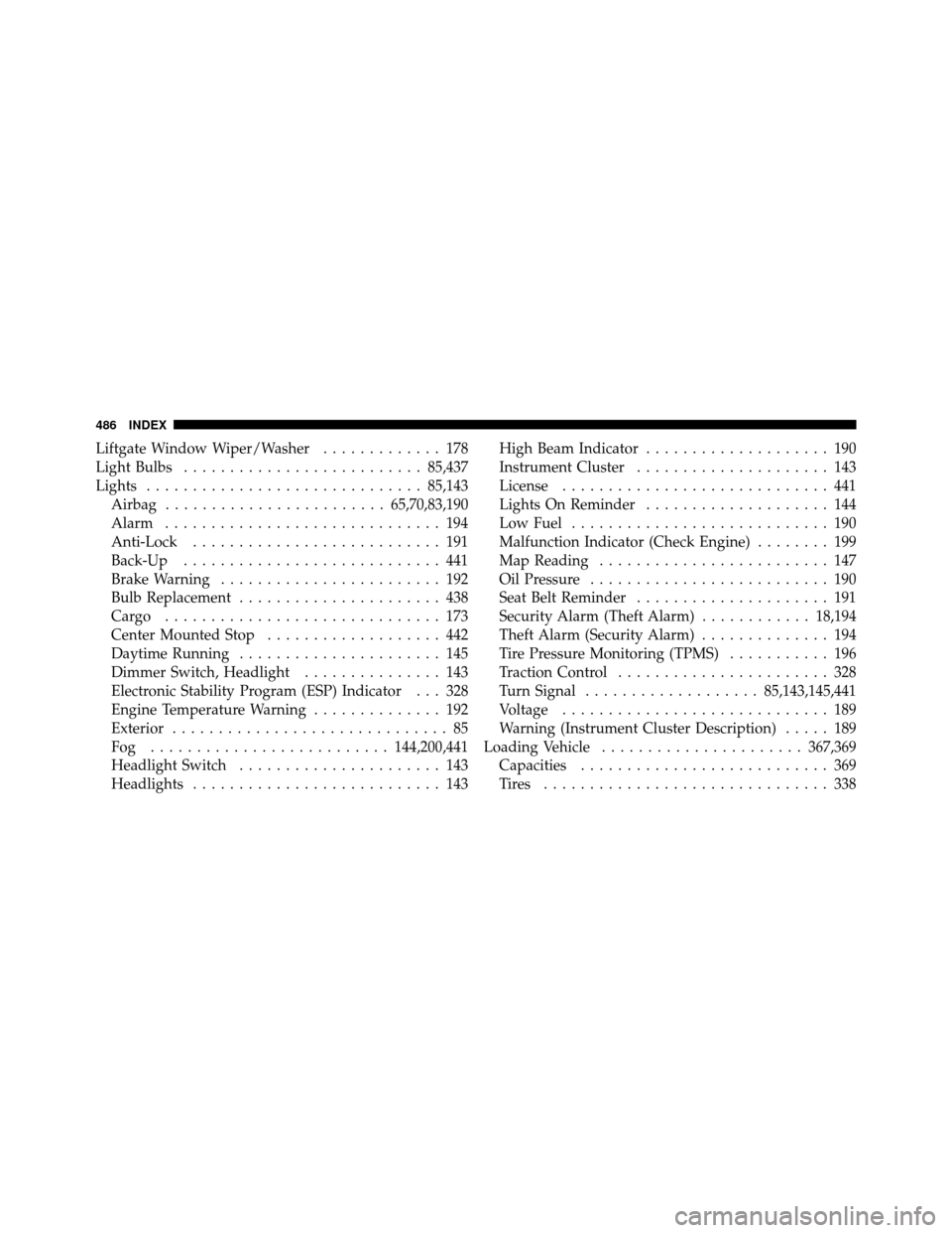 JEEP PATRIOT 2010 1.G Owners Manual Liftgate Window Wiper/Washer............. 178
Light Bulbs .......................... 85,437
Lights .............................. 85,143
Airbag ........................ 65,70,83,190
Alarm ............