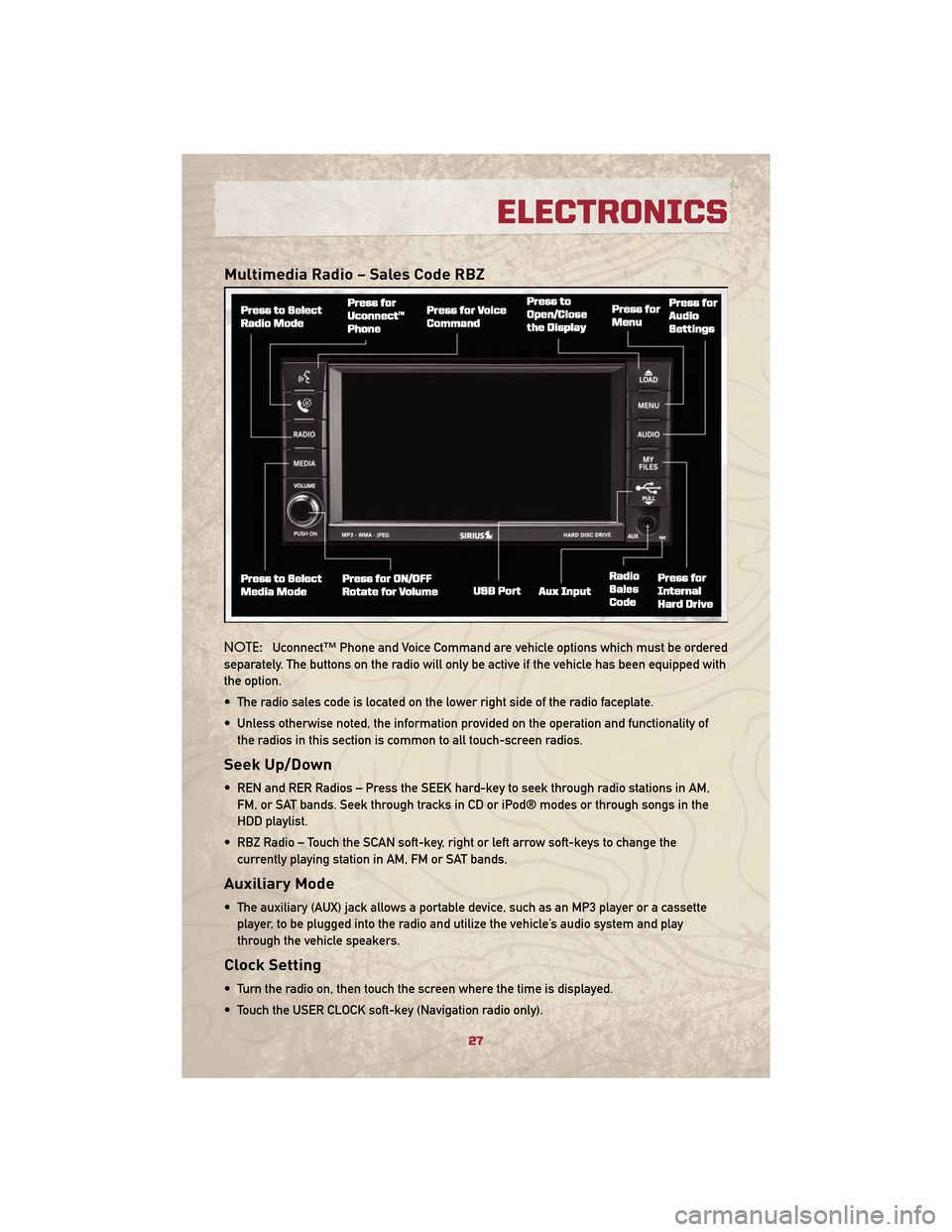 JEEP PATRIOT 2010 1.G User Guide Multimedia Radio – Sales Code RBZ
NOTE:Uconnect™ Phone and Voice Command are vehicle options which must be ordered
separately. The buttons on the radio will only be active if the vehicle has been 