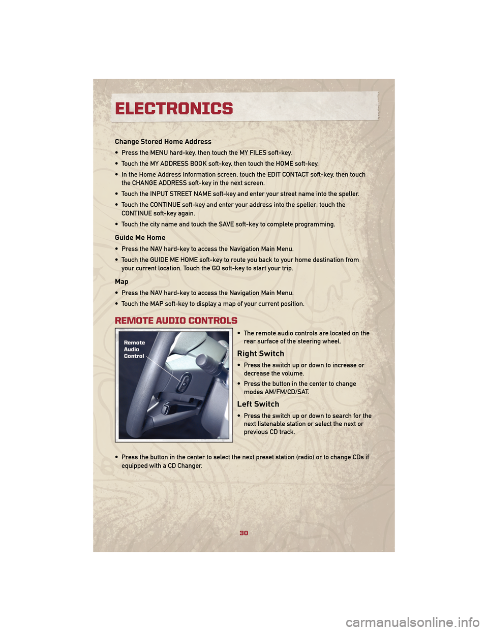 JEEP PATRIOT 2010 1.G User Guide Change Stored Home Address
• Press the MENU hard-key, then touch the MY FILES soft-key.
• Touch the MY ADDRESS BOOK soft-key, then touch the HOME soft-key.
• In the Home Address Information scre JEEP PATRIOT 2010 1.G User Guide Change Stored Home Address
• Press the MENU hard-key, then touch the MY FILES soft-key.
• Touch the MY ADDRESS BOOK soft-key, then touch the HOME soft-key.
• In the Home Address Information scre
