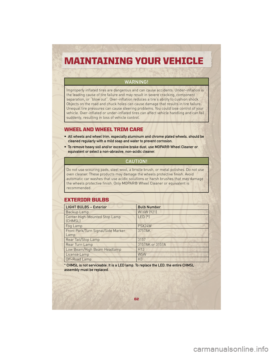 JEEP PATRIOT 2010 1.G User Guide WARNING!
Improperly inflated tires are dangerous and can cause accidents. Under-inflation is
the leading cause of tire failure and may result in severe cracking, component
separation, or “blow out�