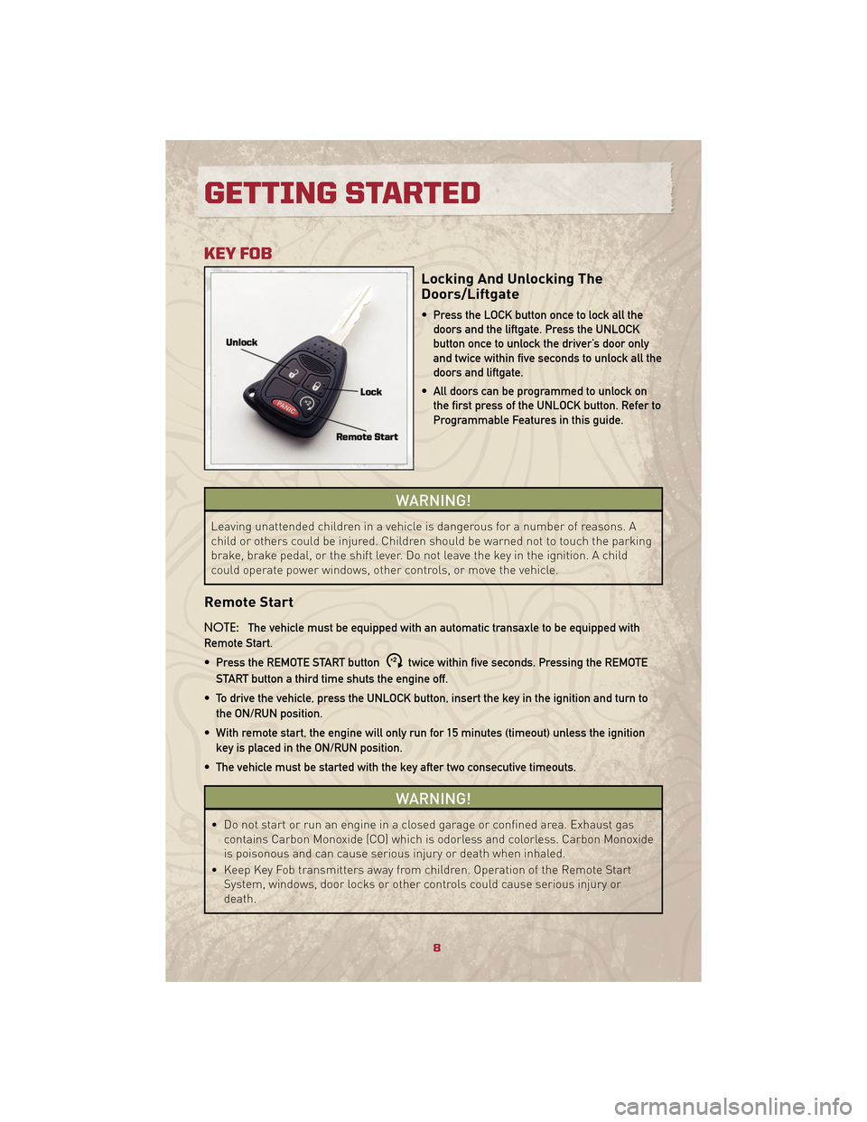 JEEP PATRIOT 2010 1.G User Guide KEY FOB
Locking And Unlocking The
Doors/Liftgate
• Press the LOCK button once to lock all thedoors and the liftgate. Press the UNLOCK
button once to unlock the driver’s door only
and twice within JEEP PATRIOT 2010 1.G User Guide KEY FOB
Locking And Unlocking The
Doors/Liftgate
• Press the LOCK button once to lock all thedoors and the liftgate. Press the UNLOCK
button once to unlock the driver’s door only
and twice within