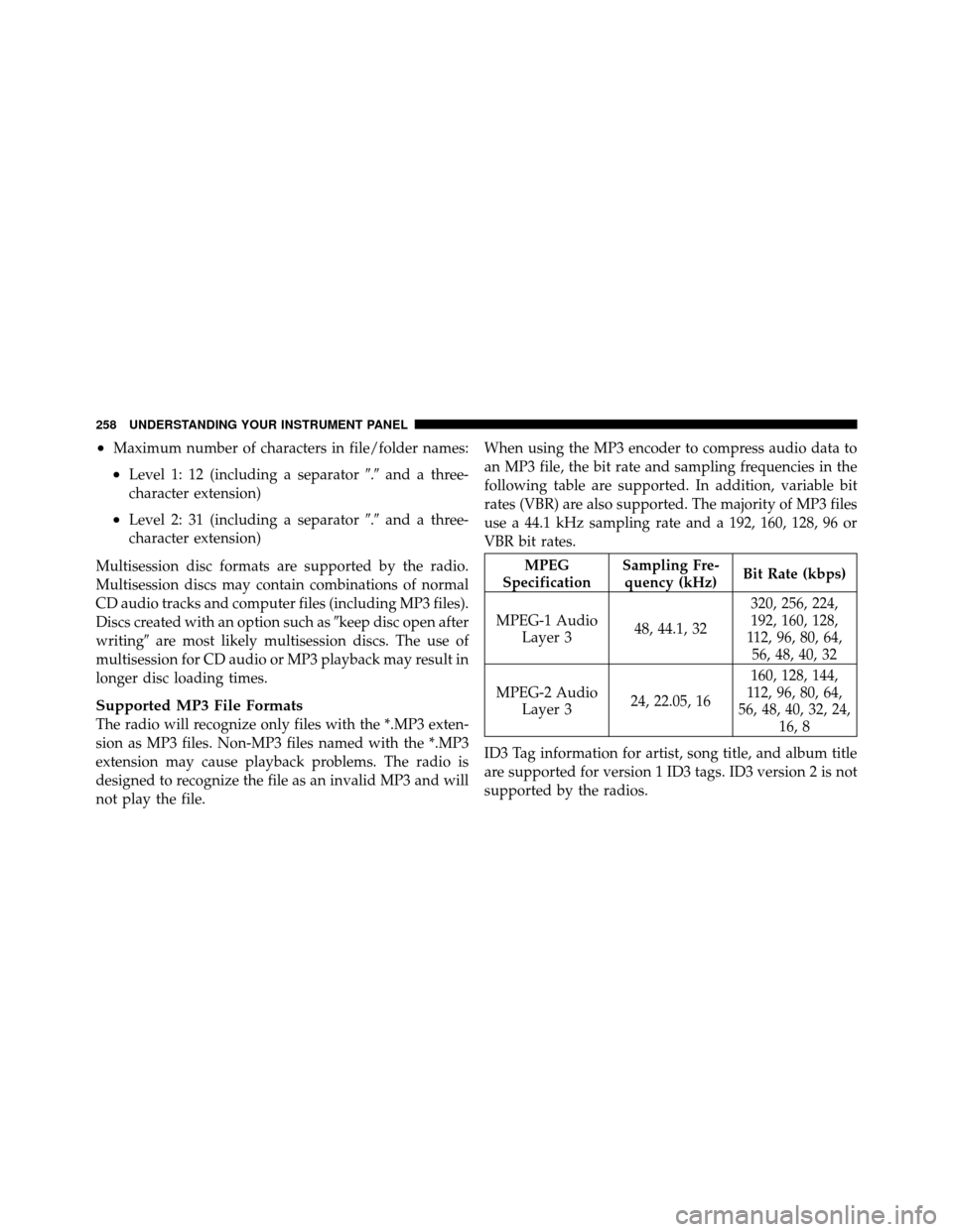 JEEP PATRIOT 2011 1.G Owners Manual •Maximum number of characters in file/folder names:
•Level 1: 12 (including a separator.and a three-
character extension)
•Level 2: 31 (including a separator .and a three-
character extensio