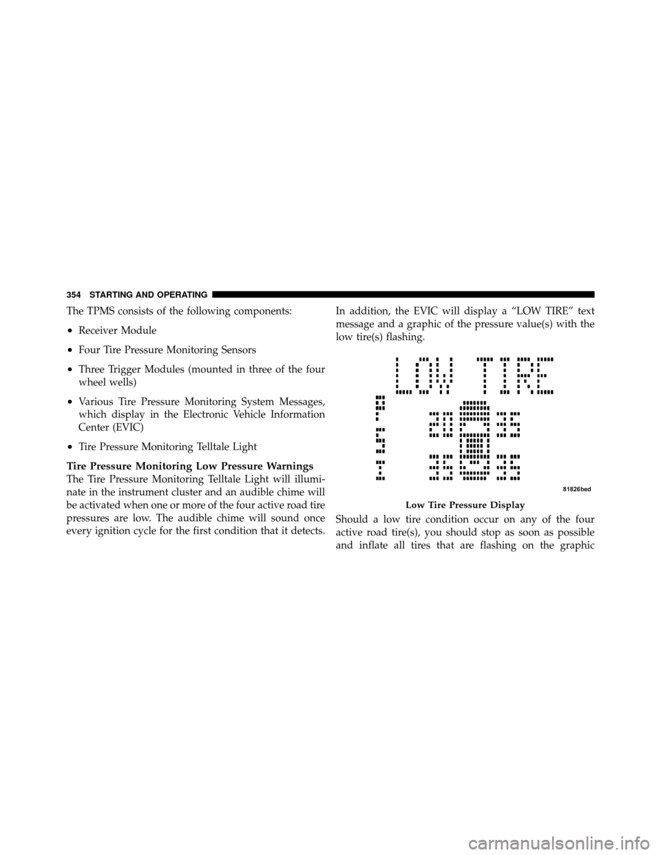 JEEP PATRIOT 2011 1.G Owners Manual The TPMS consists of the following components:
•Receiver Module
•Four Tire Pressure Monitoring Sensors
•Three Trigger Modules (mounted in three of the four
wheel wells)
•Various Tire Pressure JEEP PATRIOT 2011 1.G Owners Manual The TPMS consists of the following components:
•Receiver Module
•Four Tire Pressure Monitoring Sensors
•Three Trigger Modules (mounted in three of the four
wheel wells)
•Various Tire Pressure