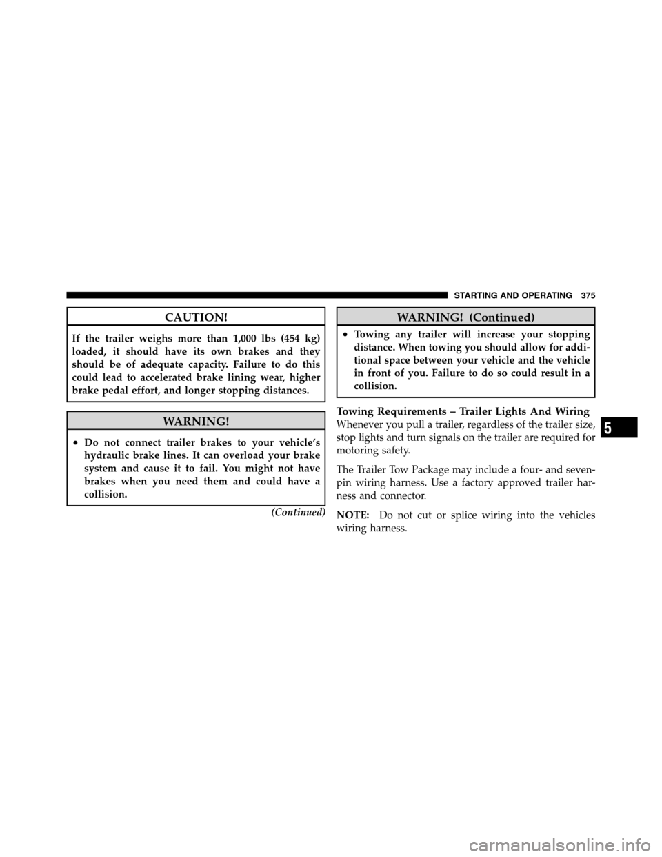 JEEP PATRIOT 2011 1.G Owners Manual CAUTION!
If the trailer weighs more than 1,000 lbs (454 kg)
loaded, it should have its own brakes and they
should be of adequate capacity. Failure to do this
could lead to accelerated brake lining wea