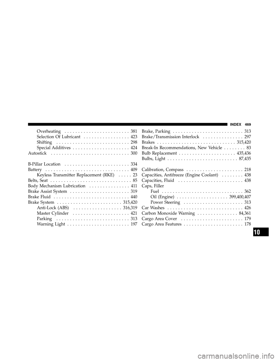 JEEP PATRIOT 2011 1.G Owners Manual Overheating........................ 381
Selection Of Lubricant ................. 423
Shifting ........................... 298
Special Additives ..................... 424
Autostick ....................