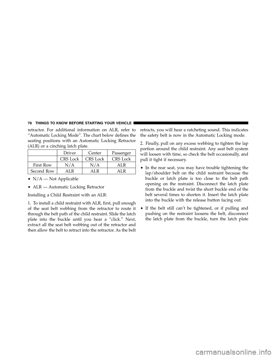 JEEP PATRIOT 2011 1.G Manual PDF retractor. For additional information on ALR, refer to
“Automatic Locking Mode”. The chart below defines the
seating positions with an Automatic Locking Retractor
(ALR) or a cinching latch plate.

