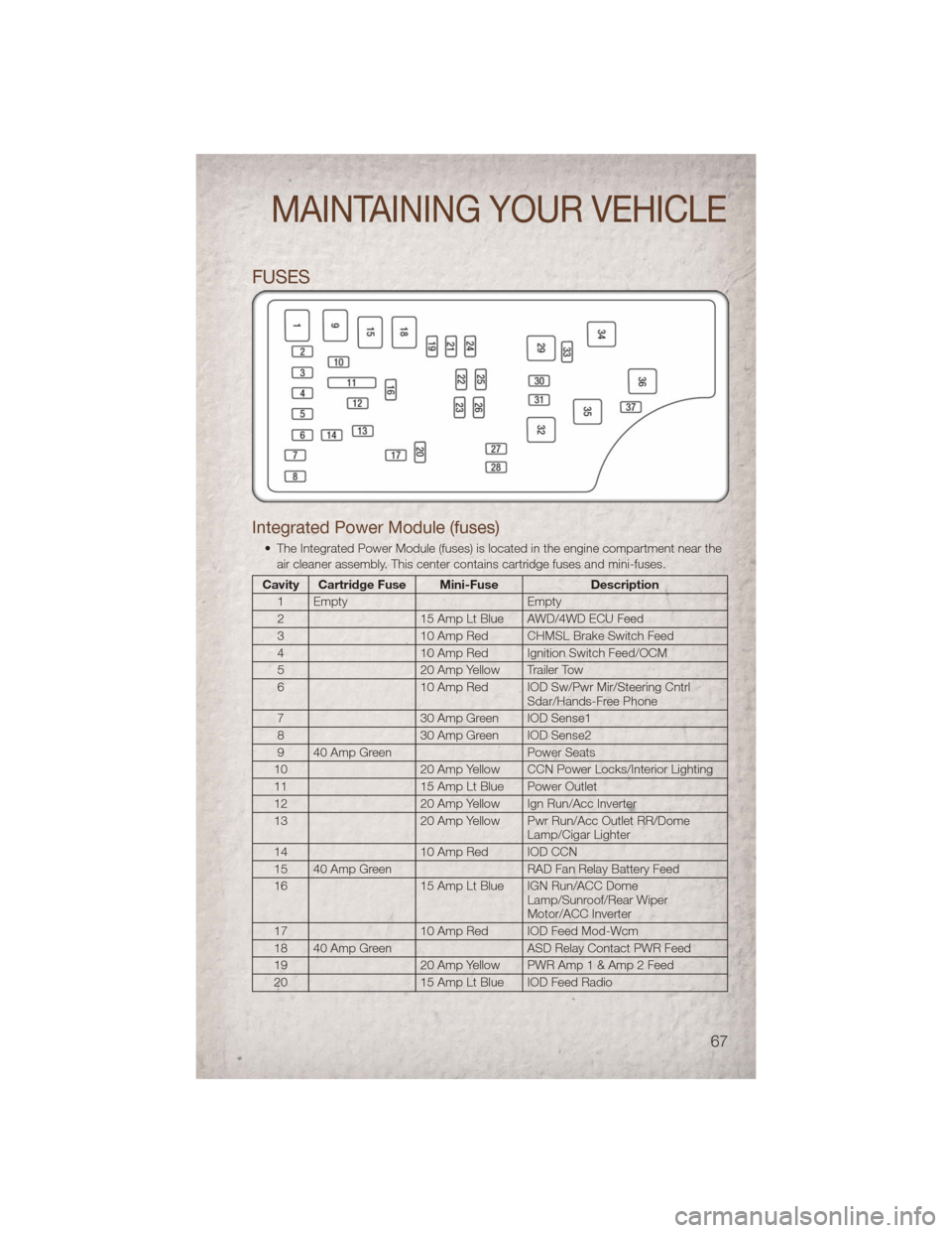 JEEP PATRIOT 2011 1.G User Guide FUSES
Integrated Power Module (fuses)
• The Integrated Power Module (fuses) is located in the engine compartment near theair cleaner assembly. This center contains cartridge fuses and mini-fuses.
Ca JEEP PATRIOT 2011 1.G User Guide FUSES
Integrated Power Module (fuses)
• The Integrated Power Module (fuses) is located in the engine compartment near theair cleaner assembly. This center contains cartridge fuses and mini-fuses.
Ca