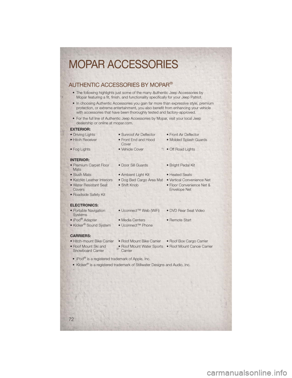 JEEP PATRIOT 2011 1.G Manual PDF AUTHENTIC ACCESSORIES BY MOPAR®
• The following highlights just some of the many Authentic Jeep Accessories byMopar featuring a fit, finish, and functionality specifically for your Jeep Patriot.
