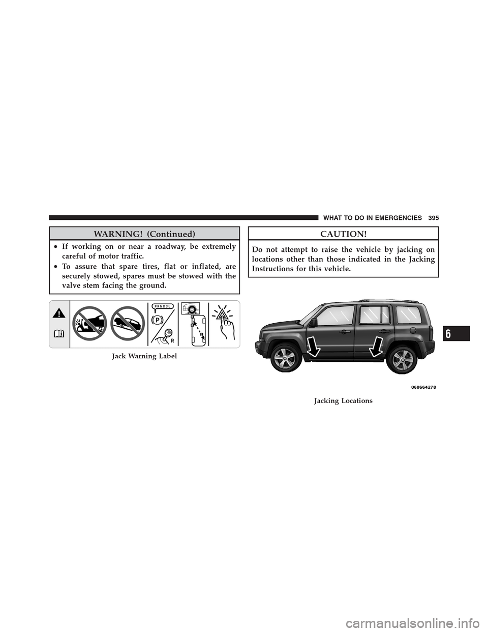 JEEP PATRIOT 2012 1.G Owners Manual WARNING! (Continued)
•If working on or near a roadway, be extremely
careful of motor traffic.
•To assure that spare tires, flat or inflated, are
securely stowed, spares must be stowed with the
val