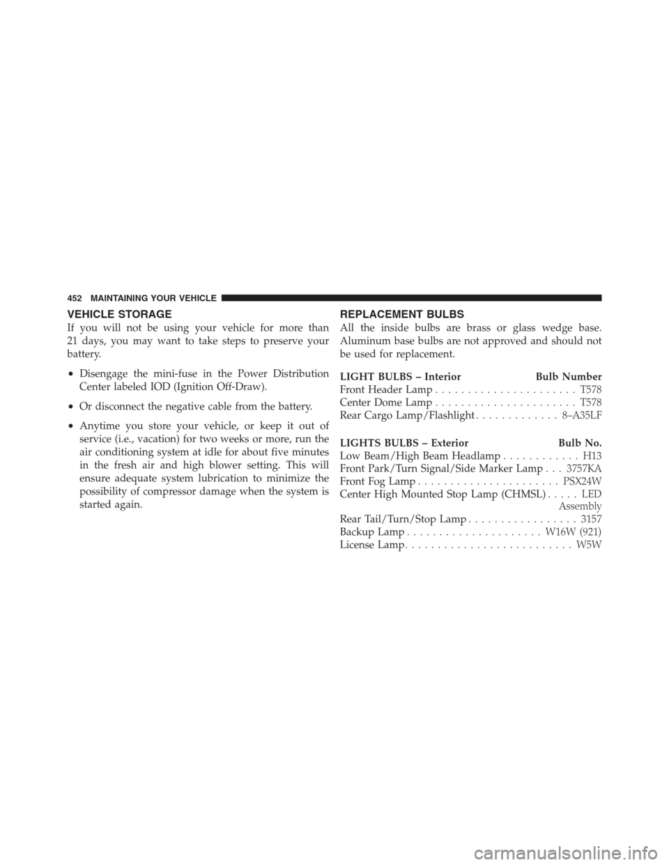 JEEP PATRIOT 2012 1.G Owners Manual VEHICLE STORAGE
If you will not be using your vehicle for more than
21 days, you may want to take steps to preserve your
battery.
•Disengage the mini-fuse in the Power Distribution
Center labeled IO