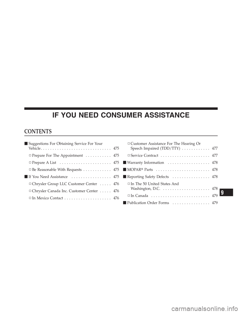 JEEP PATRIOT 2012 1.G Owners Manual IF YOU NEED CONSUMER ASSISTANCE
CONTENTS
Suggestions For Obtaining Service For Your
Vehicle.............................. 475
▫Prepare For The Appointment........... 475
▫Prepare A List..........