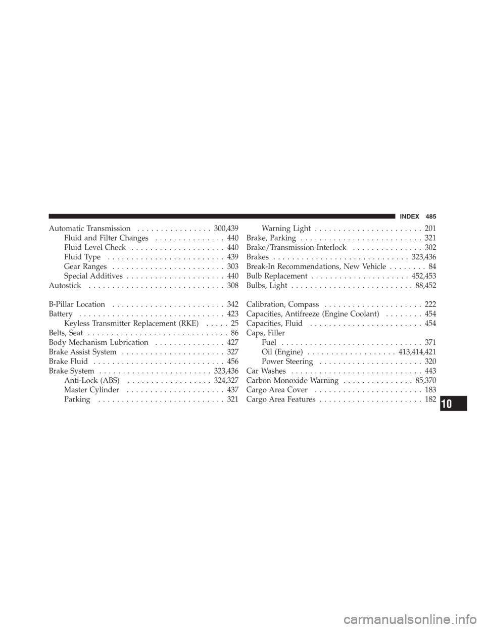 JEEP PATRIOT 2012 1.G Owners Manual Automatic Transmission................300,439
Fluid and Filter Changes............... 440
Fluid Level Check.................... 440
Fluid Type......................... 439
Gear Ranges................. JEEP PATRIOT 2012 1.G Owners Manual Automatic Transmission................300,439
Fluid and Filter Changes............... 440
Fluid Level Check.................... 440
Fluid Type......................... 439
Gear Ranges.................