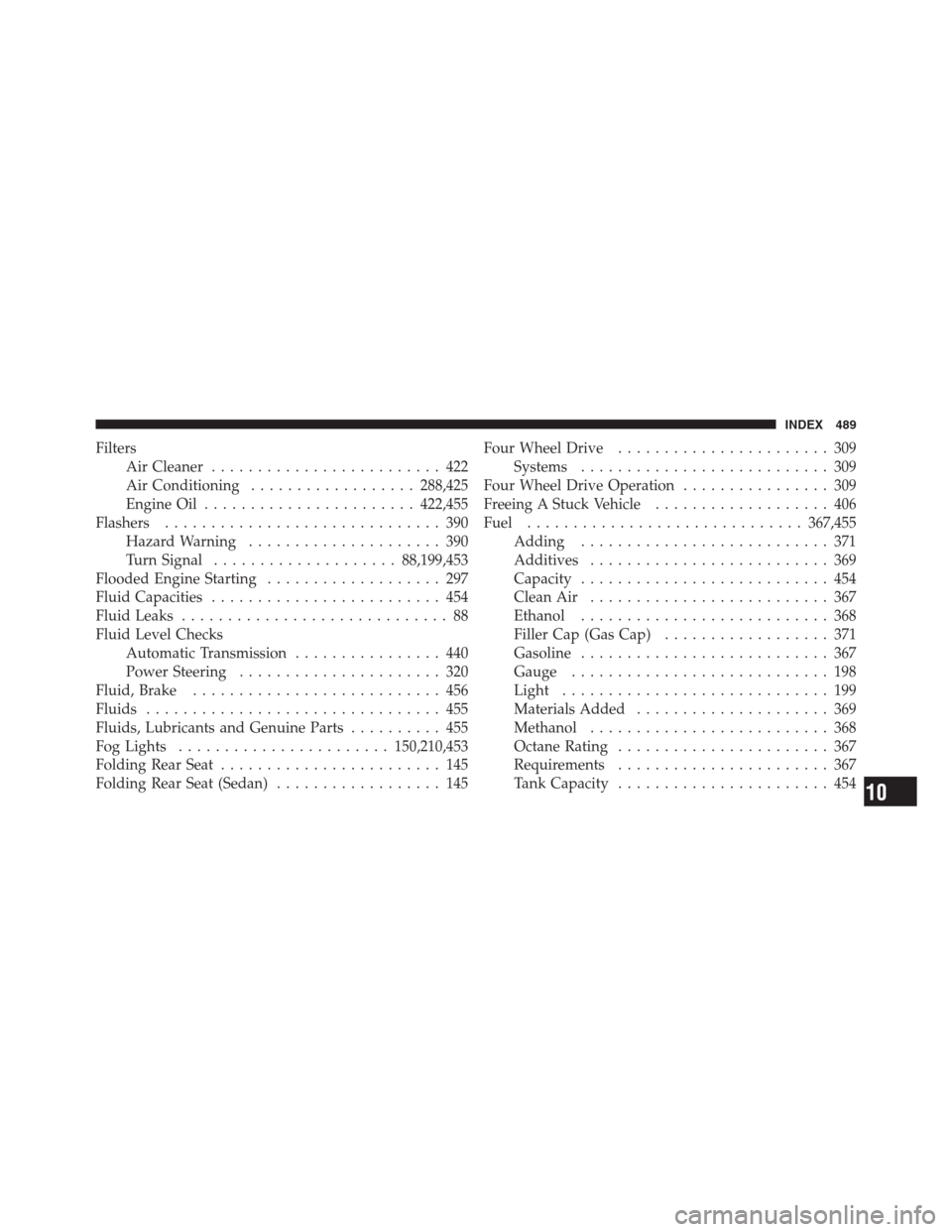 JEEP PATRIOT 2012 1.G Service Manual Filters
Air Cleaner......................... 422
Air Conditioning..................288,425
Engine Oil.......................422,455
Flashers.............................. 390
Hazard Warning...........