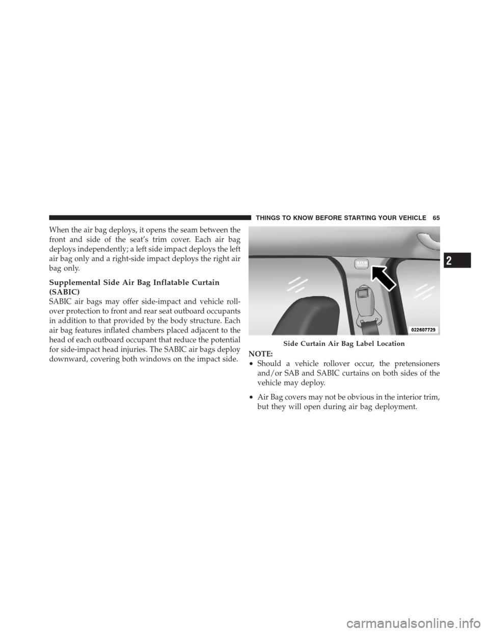 JEEP PATRIOT 2012 1.G Repair Manual When the air bag deploys, it opens the seam between the
front and side of the seat’s trim cover. Each air bag
deploys independently; a left side impact deploys the left
air bag only and a right-side