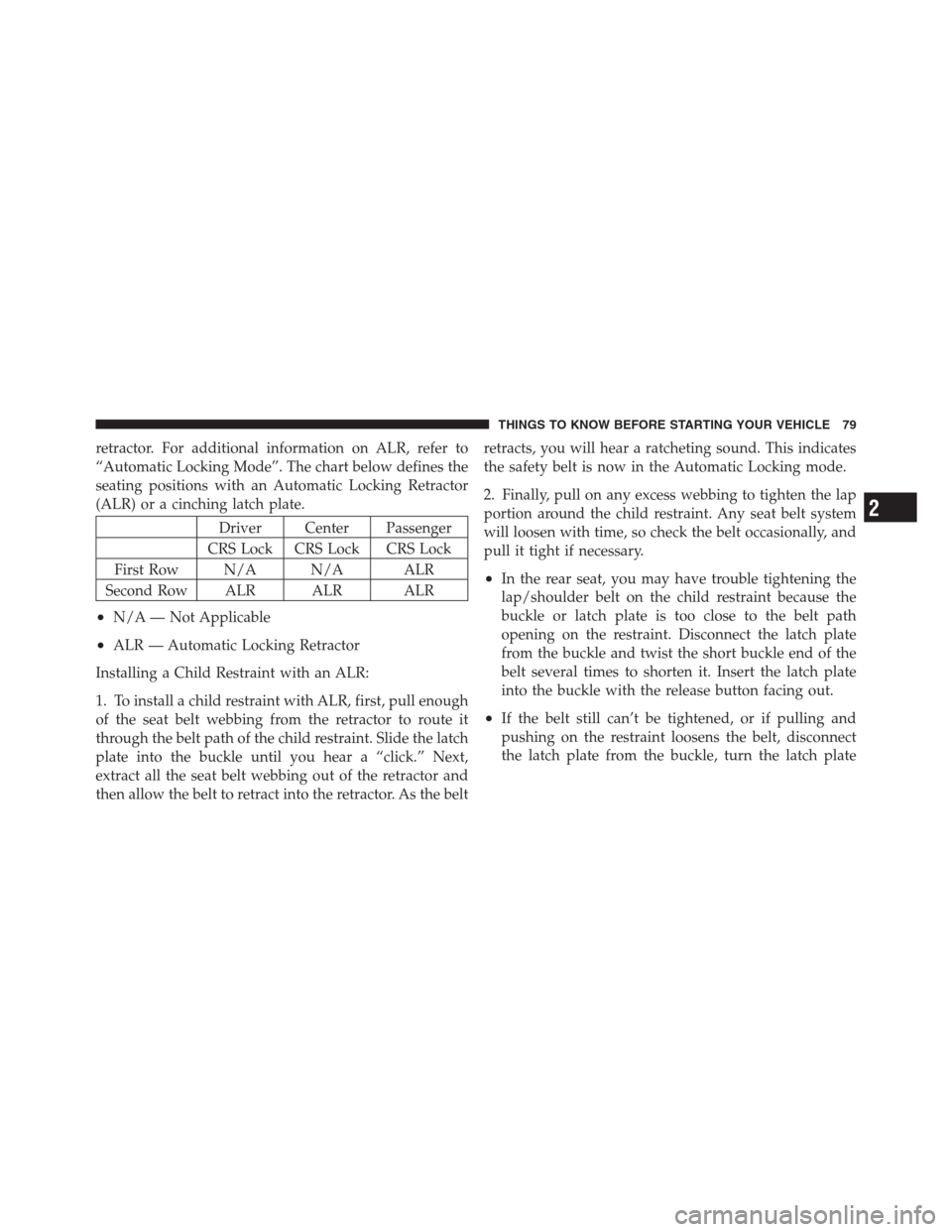 JEEP PATRIOT 2012 1.G Owners Manual retractor. For additional information on ALR, refer to
“Automatic Locking Mode”. The chart below defines the
seating positions with an Automatic Locking Retractor
(ALR) or a cinching latch plate.
