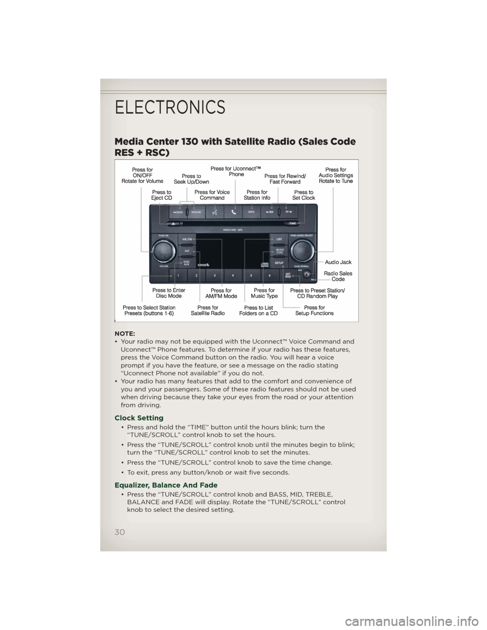 JEEP PATRIOT 2012 1.G User Guide Media Center 130 with Satellite Radio (Sales Code
RES + RSC)
NOTE:
• Your radio may not be equipped with the Uconnect™ Voice Command and
Uconnect™ Phone features. To determine if your radio has JEEP PATRIOT 2012 1.G User Guide Media Center 130 with Satellite Radio (Sales Code
RES + RSC)
NOTE:
• Your radio may not be equipped with the Uconnect™ Voice Command and
Uconnect™ Phone features. To determine if your radio has