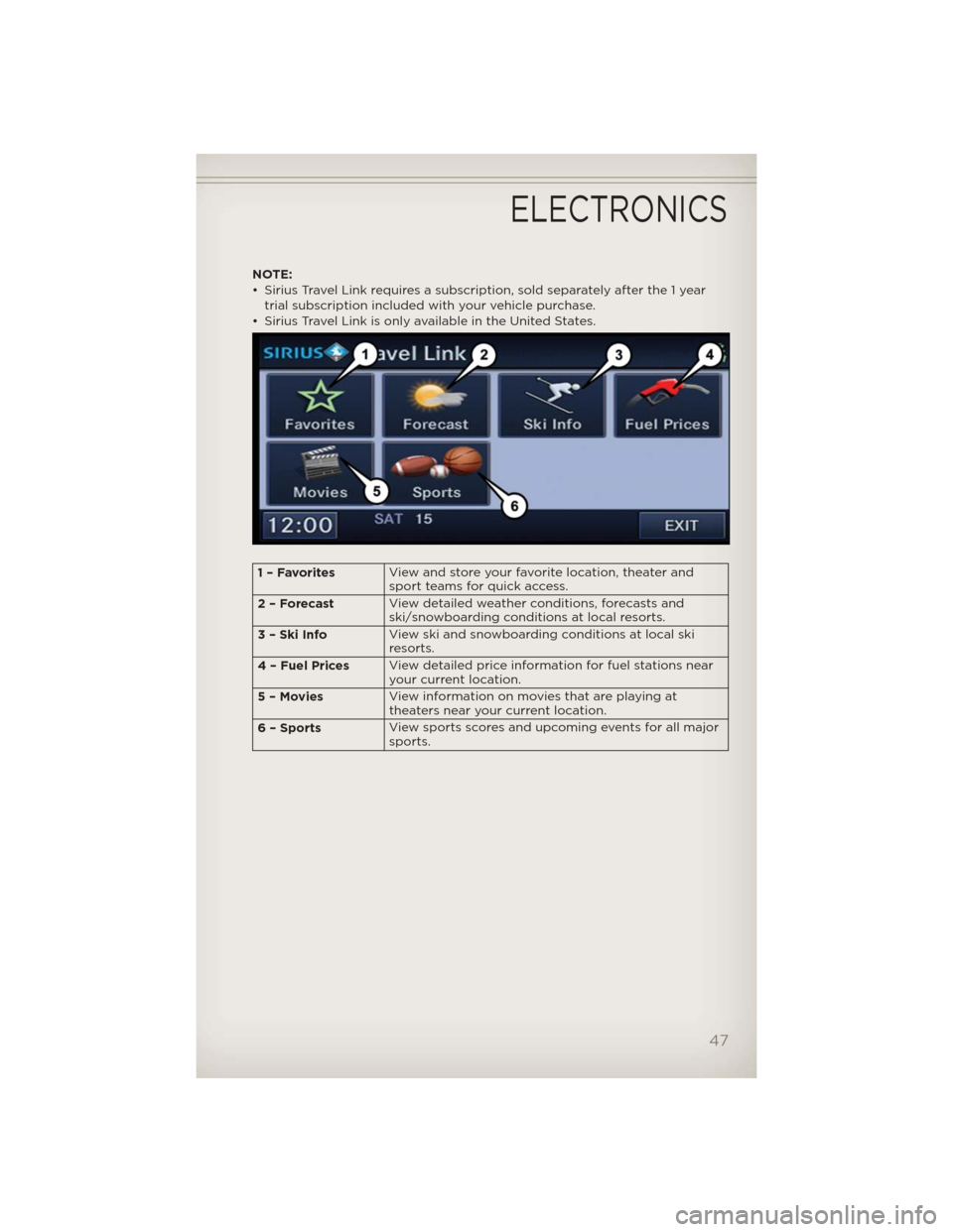 JEEP PATRIOT 2012 1.G User Guide NOTE:
• Sirius Travel Link requires a subscription, sold separately after the 1 year
trial subscription included with your vehicle purchase.
• Sirius Travel Link is only available in the United St