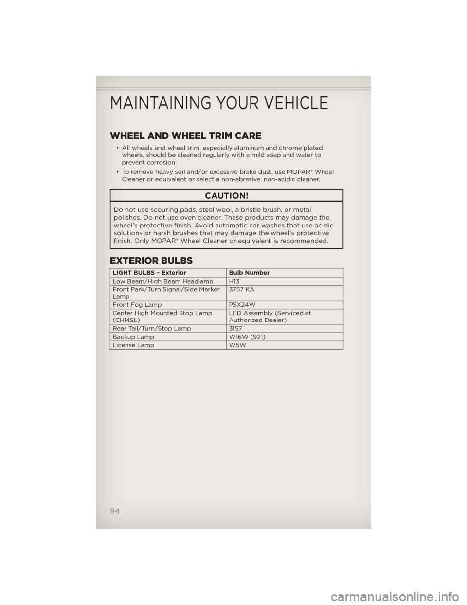JEEP PATRIOT 2012 1.G Owners Manual WHEEL AND WHEEL TRIM CARE
• All wheels and wheel trim, especially aluminum and chrome plated
wheels, should be cleaned regularly with a mild soap and water to
prevent corrosion.
• To remove heavy JEEP PATRIOT 2012 1.G Owners Manual WHEEL AND WHEEL TRIM CARE
• All wheels and wheel trim, especially aluminum and chrome plated
wheels, should be cleaned regularly with a mild soap and water to
prevent corrosion.
• To remove heavy