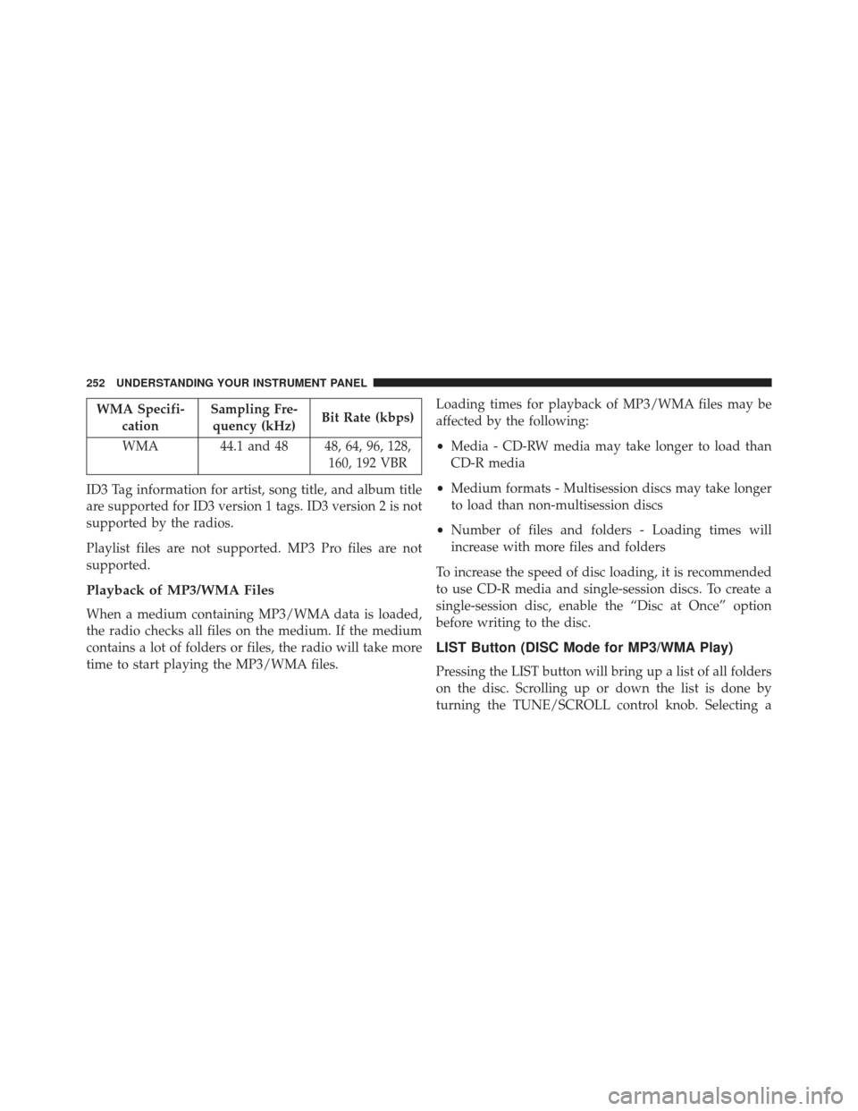 JEEP PATRIOT 2013 1.G Owners Manual WMA Specifi-cation Sampling Fre-
quency (kHz) Bit Rate (kbps)
WMA 44.1 and 48 48, 64, 96, 128, 160, 192 VBR
ID3 Tag information for artist, song title, and album title
are supported for ID3 version 1 JEEP PATRIOT 2013 1.G Owners Manual WMA Specifi-cation Sampling Fre-
quency (kHz) Bit Rate (kbps)
WMA 44.1 and 48 48, 64, 96, 128, 160, 192 VBR
ID3 Tag information for artist, song title, and album title
are supported for ID3 version 1