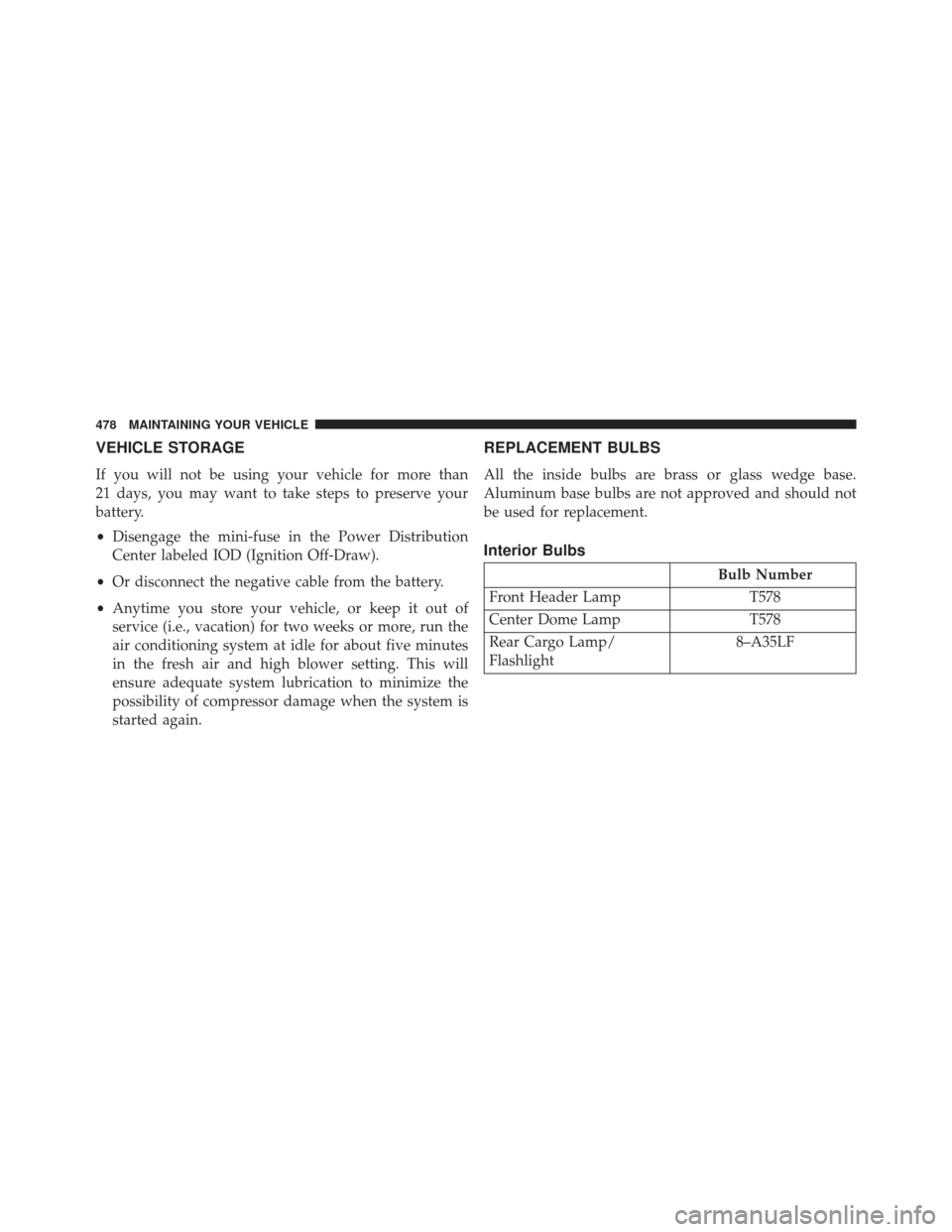 JEEP PATRIOT 2013 1.G Owners Manual VEHICLE STORAGE
If you will not be using your vehicle for more than
21 days, you may want to take steps to preserve your
battery.
•Disengage the mini-fuse in the Power Distribution
Center labeled IO