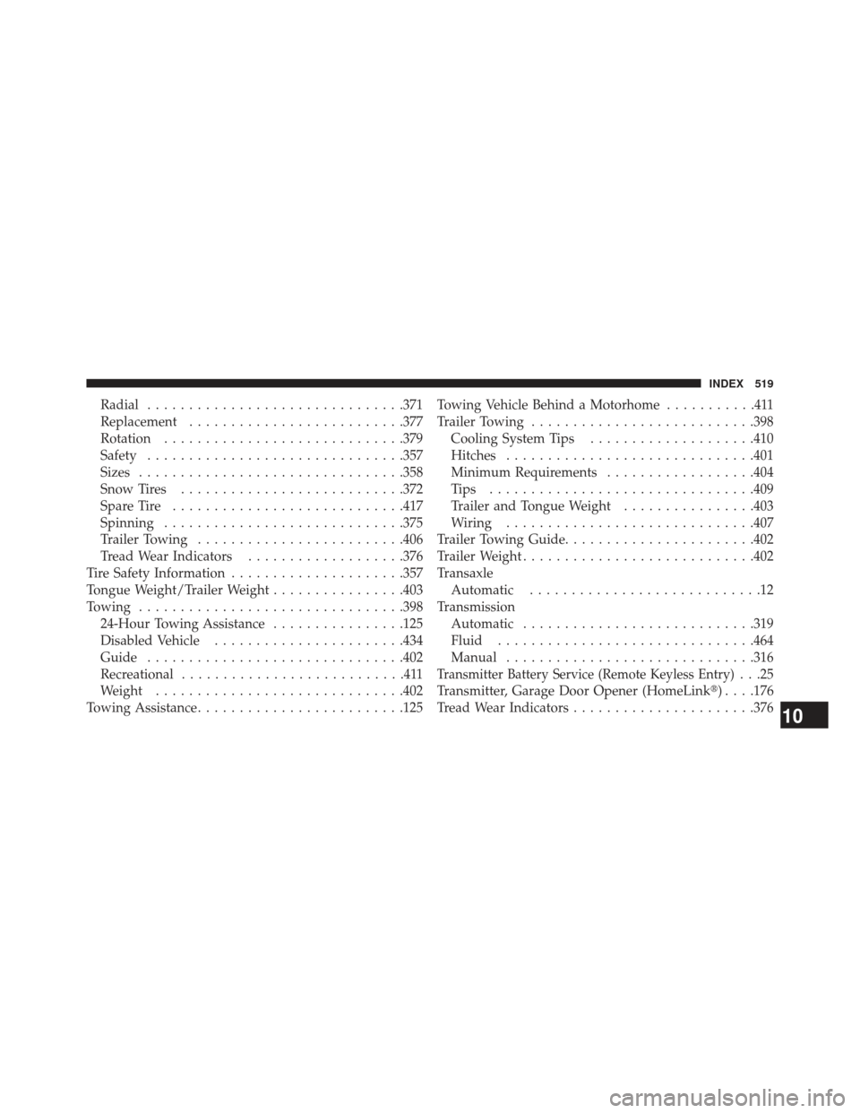 JEEP PATRIOT 2013 1.G Owners Manual Radial.............................. .371
Replacement ......................... .377
Rotation ............................ .379
Safety .............................. .357
Sizes .......................
