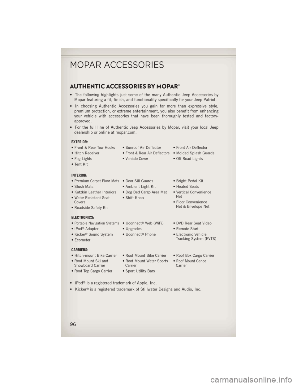 JEEP PATRIOT 2013 1.G User Guide AUTHENTIC ACCESSORIES BY MOPAR®
• The following highlights just some of the many Authentic Jeep Accessories byMopar featuring a fit, finish, and functionality specifically for your Jeep Patriot.
†JEEP PATRIOT 2013 1.G User Guide AUTHENTIC ACCESSORIES BY MOPAR®
• The following highlights just some of the many Authentic Jeep Accessories byMopar featuring a fit, finish, and functionality specifically for your Jeep Patriot.
â€