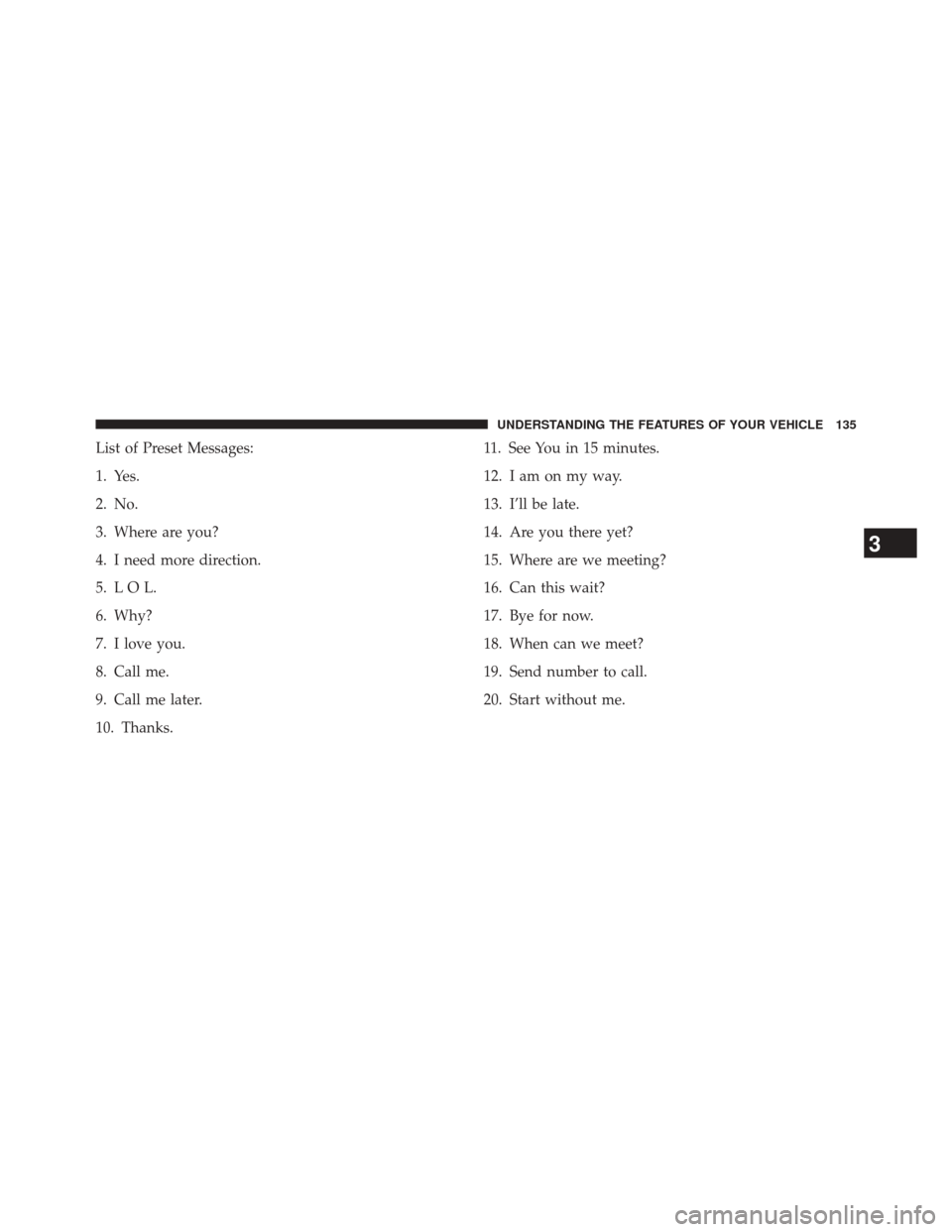 JEEP PATRIOT 2014 1.G Owners Manual List of Preset Messages:
1. Yes.
2. No.
3. Where are you?
4. I need more direction.
5. L O L.
6. Why?
7. I love you.
8. Call me.
9. Call me later.
10. Thanks.11. See You in 15 minutes.
12. I am on my JEEP PATRIOT 2014 1.G Owners Manual List of Preset Messages:
1. Yes.
2. No.
3. Where are you?
4. I need more direction.
5. L O L.
6. Why?
7. I love you.
8. Call me.
9. Call me later.
10. Thanks.11. See You in 15 minutes.
12. I am on my