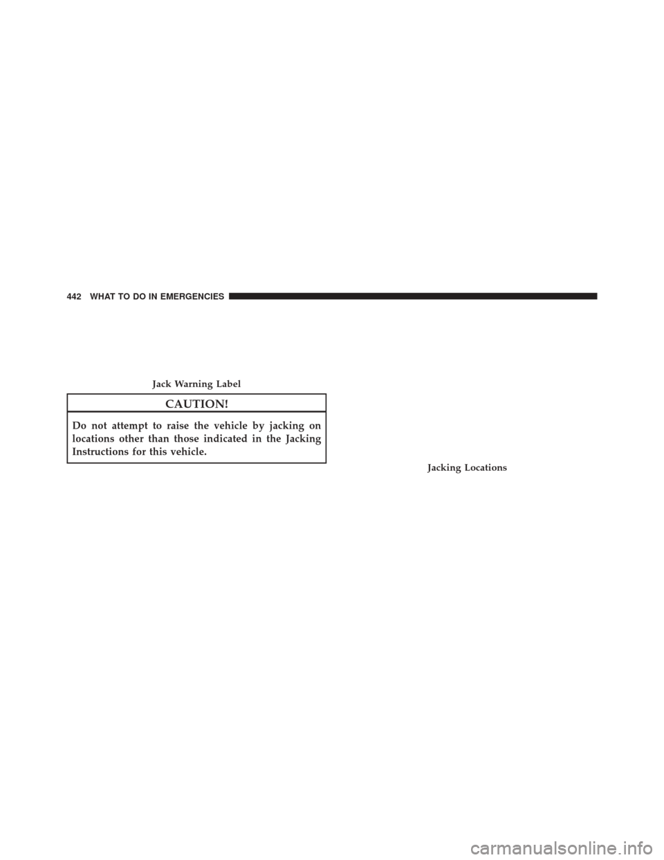 JEEP PATRIOT 2014 1.G Owners Manual CAUTION!
Do not attempt to raise the vehicle by jacking on
locations other than those indicated in the Jacking
Instructions for this vehicle.
Jack Warning Label
Jacking Locations
442 WHAT TO DO IN EME