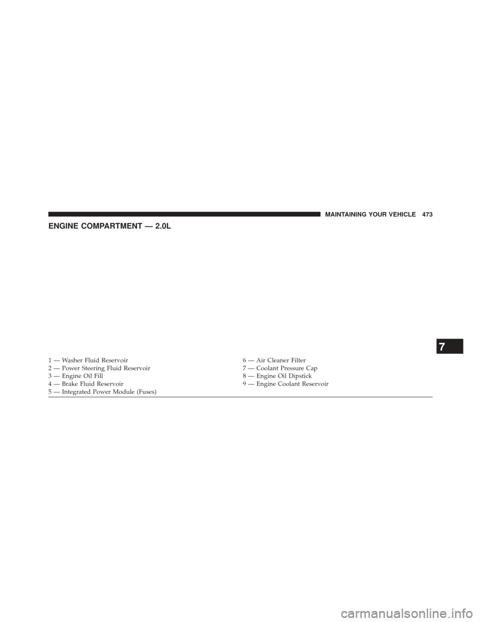 JEEP PATRIOT 2014 1.G User Guide ENGINE COMPARTMENT — 2.0L
1 — Washer Fluid Reservoir6 — Air Cleaner Filter
2 — Power Steering Fluid Reservoir 7 — Coolant Pressure Cap
3 — Engine Oil Fill 8 — Engine Oil Dipstick
4 — B