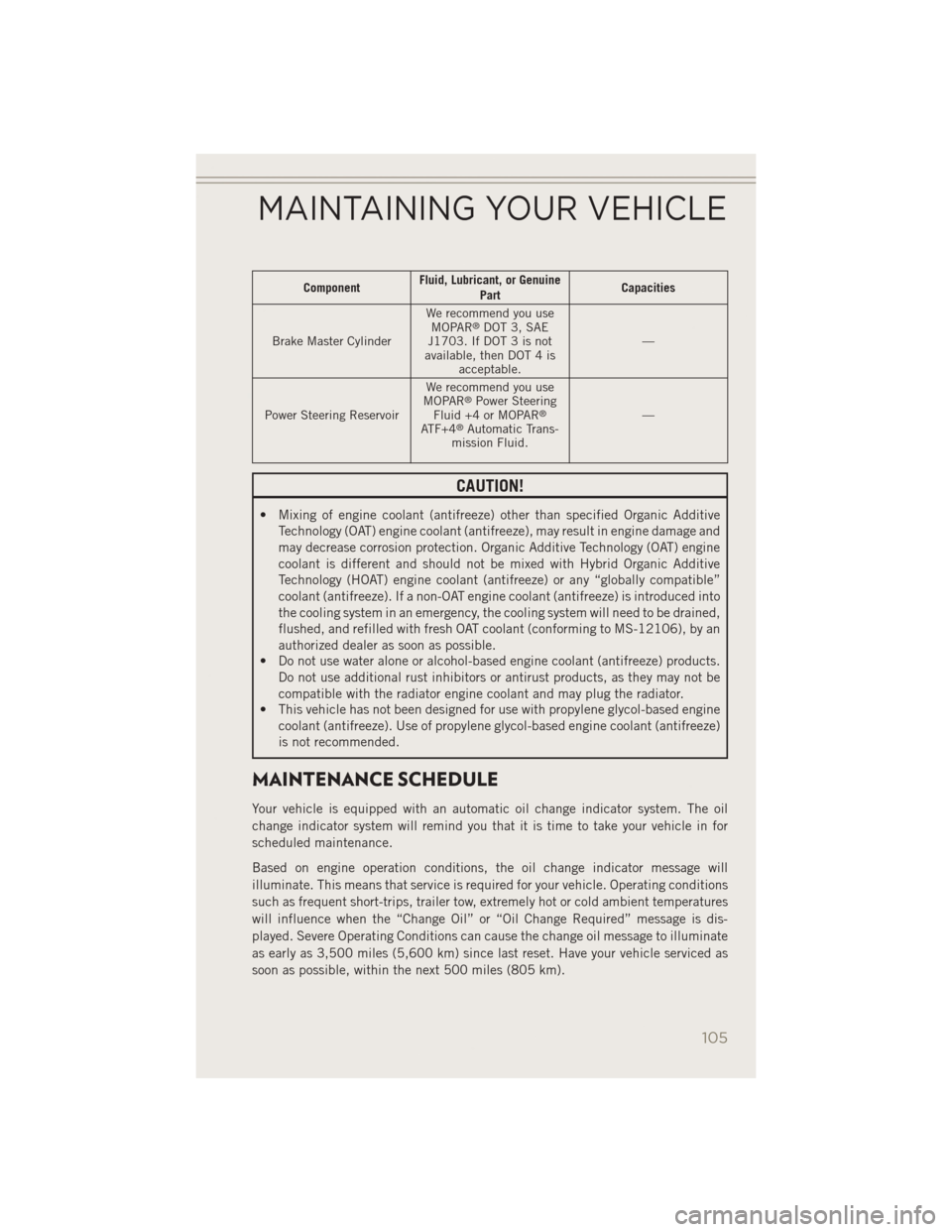 JEEP PATRIOT 2014 1.G User Guide ComponentFluid, Lubricant, or Genuine
Part Capacities
Brake Master Cylinder We recommend you use
MOPAR
®DOT 3, SAE
J1703. If DOT 3 is not
available, then DOT 4 is acceptable. —
Power Steering Reser