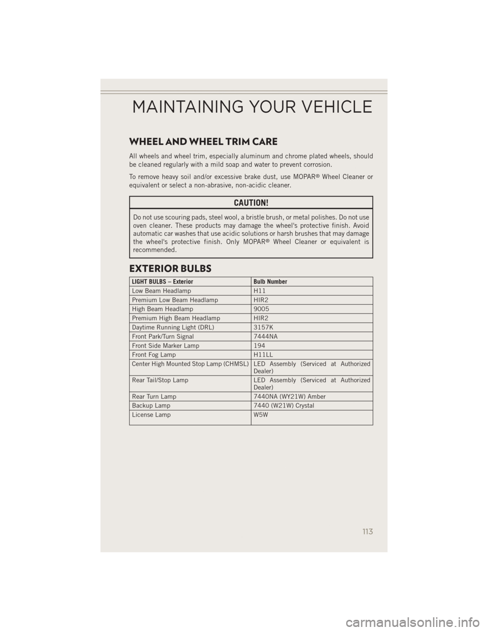 JEEP PATRIOT 2014 1.G User Guide WHEEL AND WHEEL TRIM CARE
All wheels and wheel trim, especially aluminum and chrome plated wheels, should
be cleaned regularly with a mild soap and water to prevent corrosion.
To remove heavy soil and