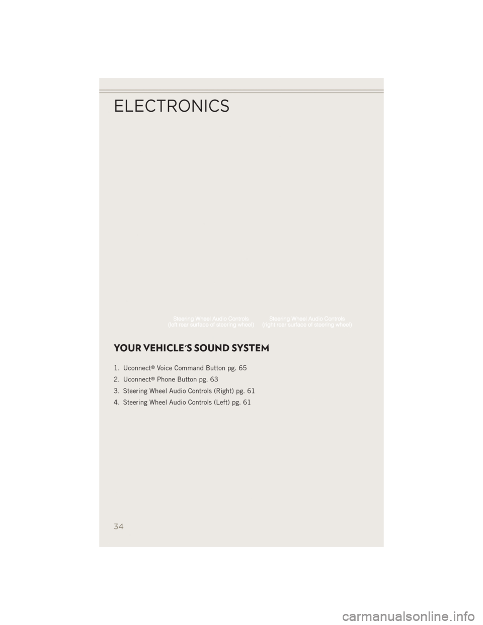 JEEP PATRIOT 2014 1.G Owners Guide YOUR VEHICLES SOUND SYSTEM
1. Uconnect®Voice Command Button pg. 65
2. Uconnect
®Phone Button pg. 63
3. Steering Wheel Audio Controls (Right) pg. 61
4. Steering Wheel Audio Controls (Left) pg. 61
EL