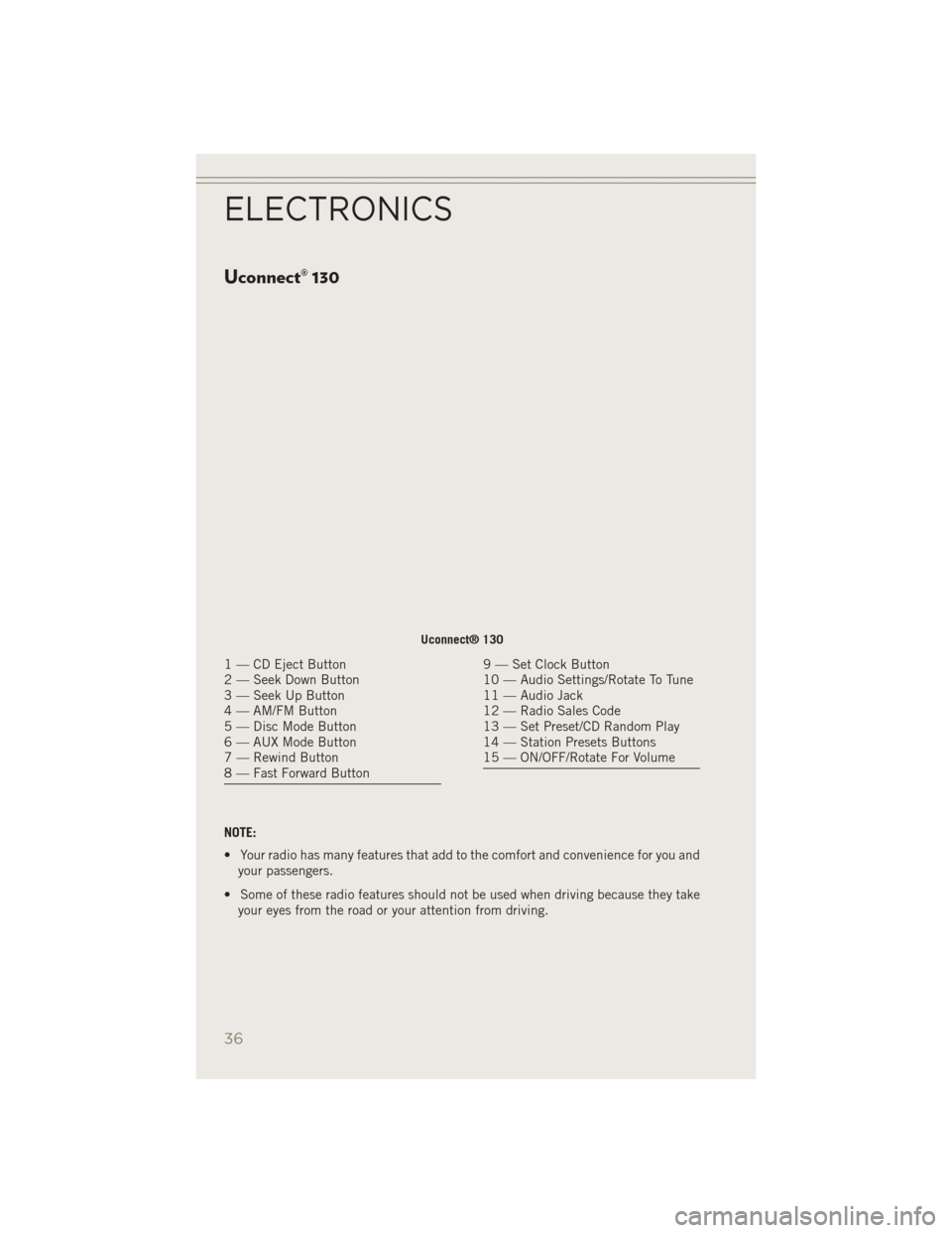 JEEP PATRIOT 2014 1.G User Guide Uconnect® 130
NOTE:
• Your radio has many features that add to the comfort and convenience for you andyour passengers.
• Some of these radio features should not be used when driving because they 