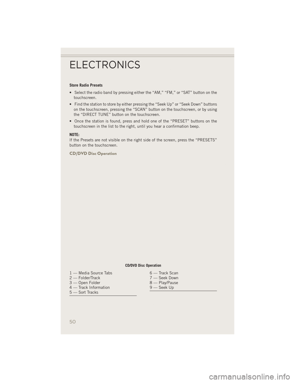 JEEP PATRIOT 2014 1.G Workshop Manual Store Radio Presets
• Select the radio band by pressing either the “AM,” “FM,” or “SAT” button on thetouchscreen.
• Find the station to store by either pressing the “Seek Up” or JEEP PATRIOT 2014 1.G Workshop Manual Store Radio Presets
• Select the radio band by pressing either the “AM,” “FM,” or “SAT” button on thetouchscreen.
• Find the station to store by either pressing the “Seek Up” or