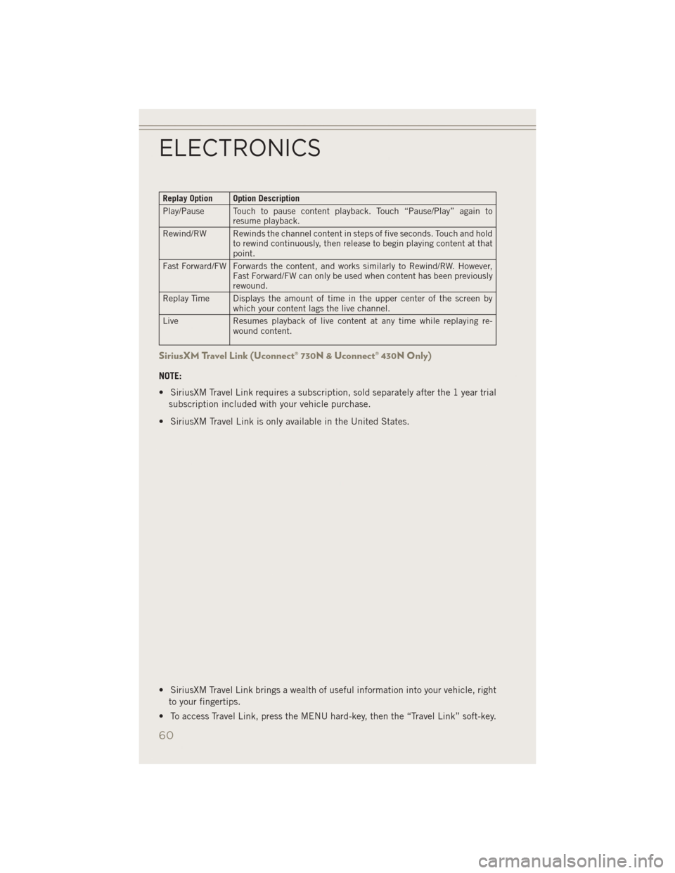 JEEP PATRIOT 2014 1.G Repair Manual Replay Option Option Description
Play/Pause Touch to pause content playback. Touch “Pause/Play” again toresume playback.
Rewind/RW Rewinds the channel content in steps of five seconds. Touch and h