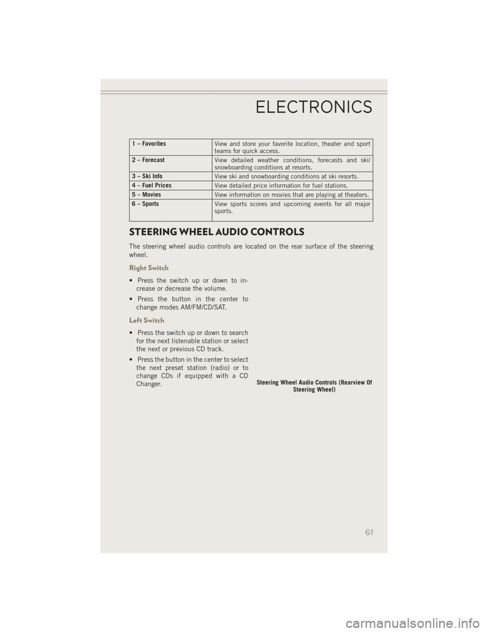 JEEP PATRIOT 2014 1.G Repair Manual 1 – FavoritesView and store your favorite location, theater and sport
teams for quick access.
2 – Forecast View detailed weather conditions, forecasts and ski/
snowboarding conditions at resorts.
JEEP PATRIOT 2014 1.G Repair Manual 1 – FavoritesView and store your favorite location, theater and sport
teams for quick access.
2 – Forecast View detailed weather conditions, forecasts and ski/
snowboarding conditions at resorts.
