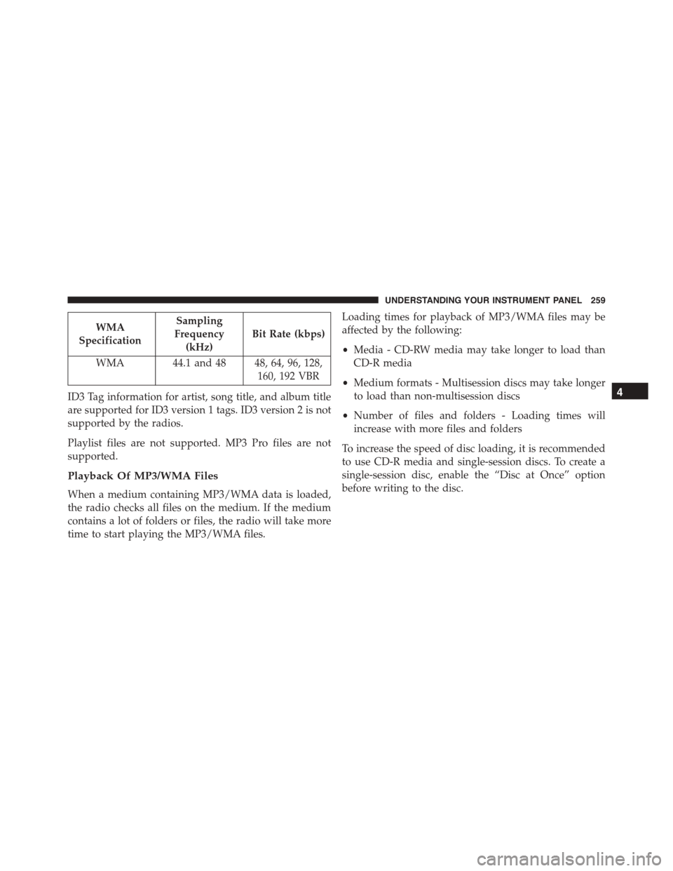JEEP PATRIOT 2015 1.G Owners Manual WMA
Specification
Sampling
Frequency
(kHz)
Bit Rate (kbps)
WMA 44.1 and 48 48, 64, 96, 128,
160, 192 VBR
ID3 Tag information for artist, song title, and album title
are supported for ID3 version 1 tag JEEP PATRIOT 2015 1.G Owners Manual WMA
Specification
Sampling
Frequency
(kHz)
Bit Rate (kbps)
WMA 44.1 and 48 48, 64, 96, 128,
160, 192 VBR
ID3 Tag information for artist, song title, and album title
are supported for ID3 version 1 tag
