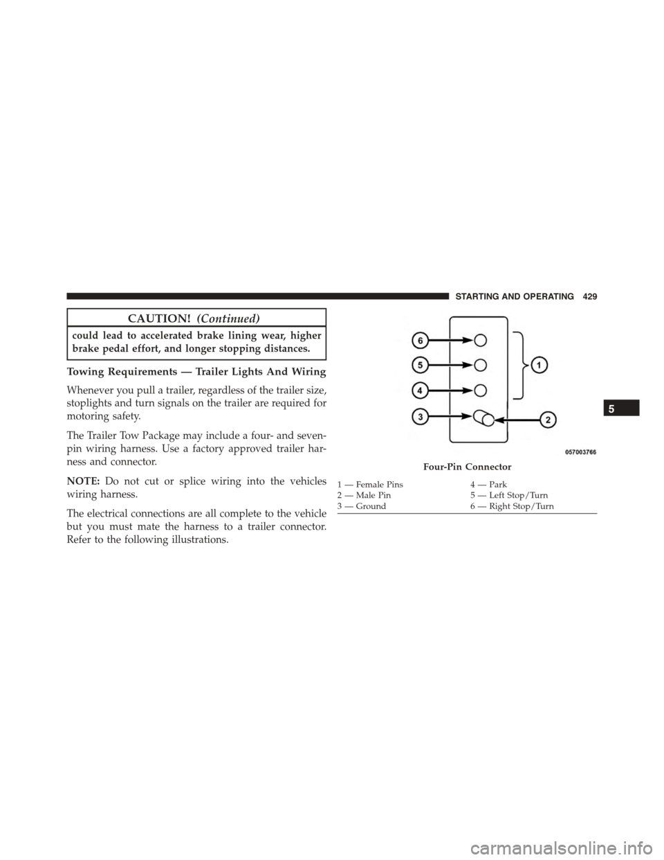 JEEP PATRIOT 2015 1.G Owners Manual CAUTION!(Continued)
could lead to accelerated brake lining wear, higher
brake pedal effort, and longer stopping distances.
Towing Requirements — Trailer Lights And Wiring
Whenever you pull a trailer JEEP PATRIOT 2015 1.G Owners Manual CAUTION!(Continued)
could lead to accelerated brake lining wear, higher
brake pedal effort, and longer stopping distances.
Towing Requirements — Trailer Lights And Wiring
Whenever you pull a trailer
