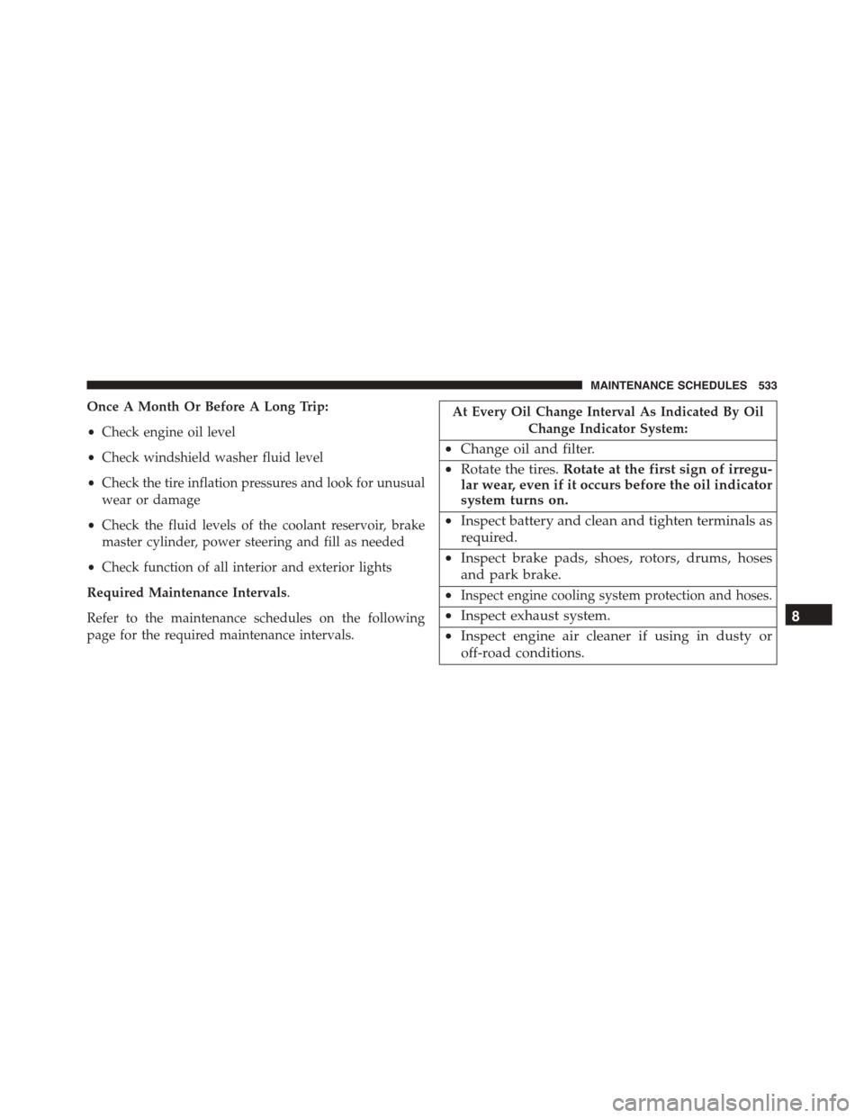 JEEP PATRIOT 2015 1.G User Guide Once A Month Or Before A Long Trip:
•Check engine oil level
•Check windshield washer fluid level
•Check the tire inflation pressures and look for unusual
wear or damage
•Check the fluid levels