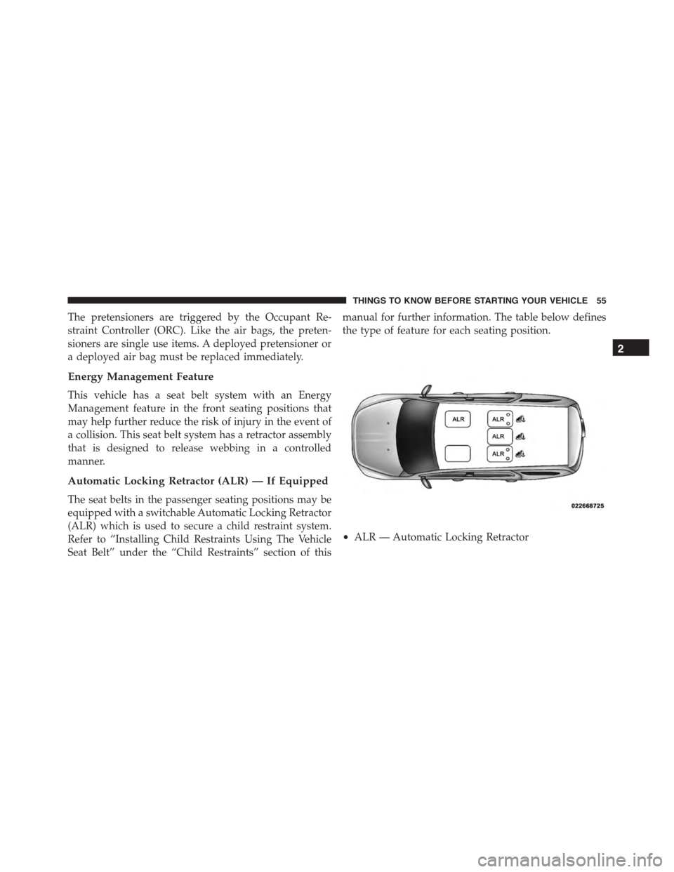 JEEP PATRIOT 2015 1.G Owners Manual The pretensioners are triggered by the Occupant Re-
straint Controller (ORC). Like the air bags, the preten-
sioners are single use items. A deployed pretensioner or
a deployed air bag must be replace