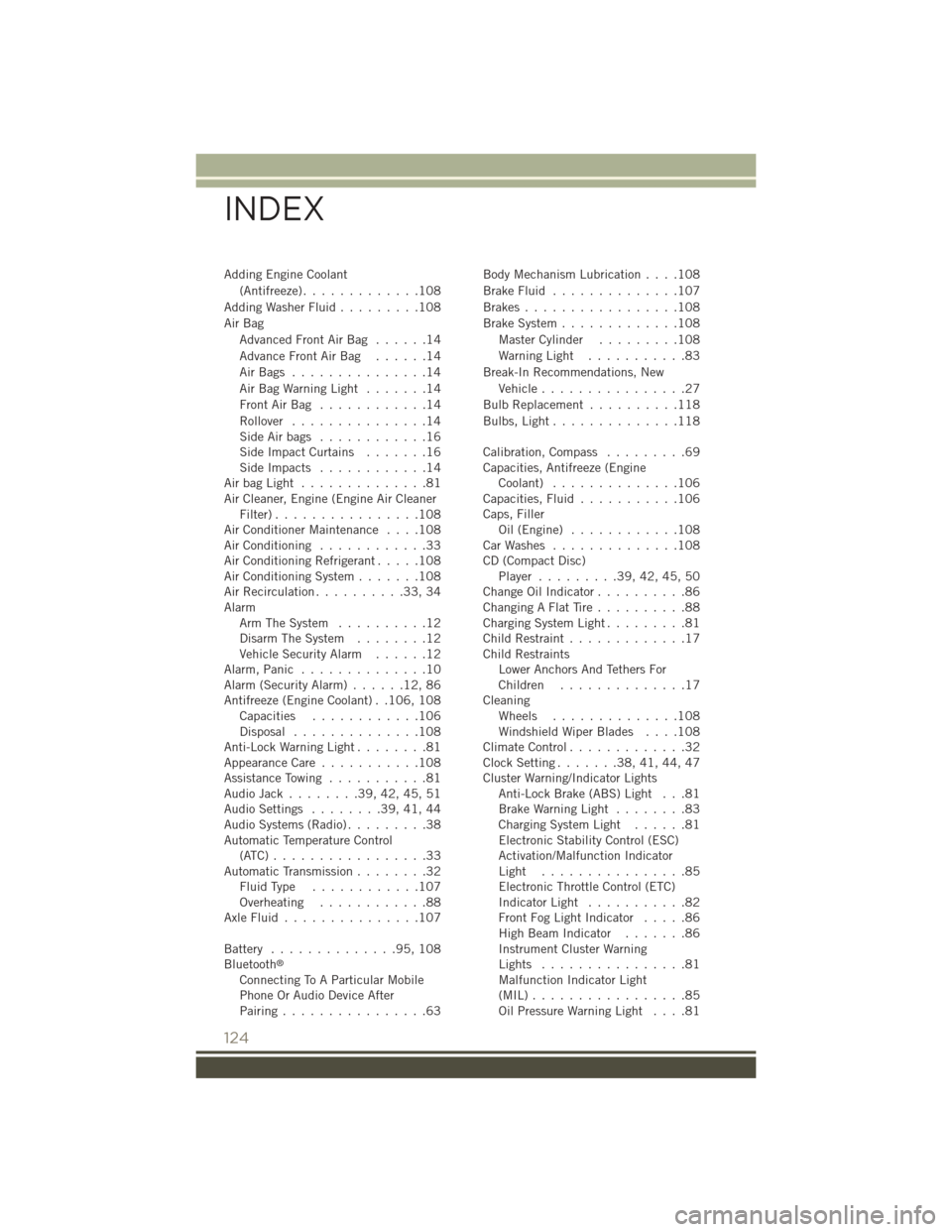 JEEP PATRIOT 2015 1.G Owners Manual Adding Engine Coolant
(Antifreeze).............108
Adding Washer Fluid.........108
Air Bag
Advanced Front Air Bag . . . . . .14
Advance Front Air Bag . . . . . .14
Air Bags . . . . . . . . . . . . . .