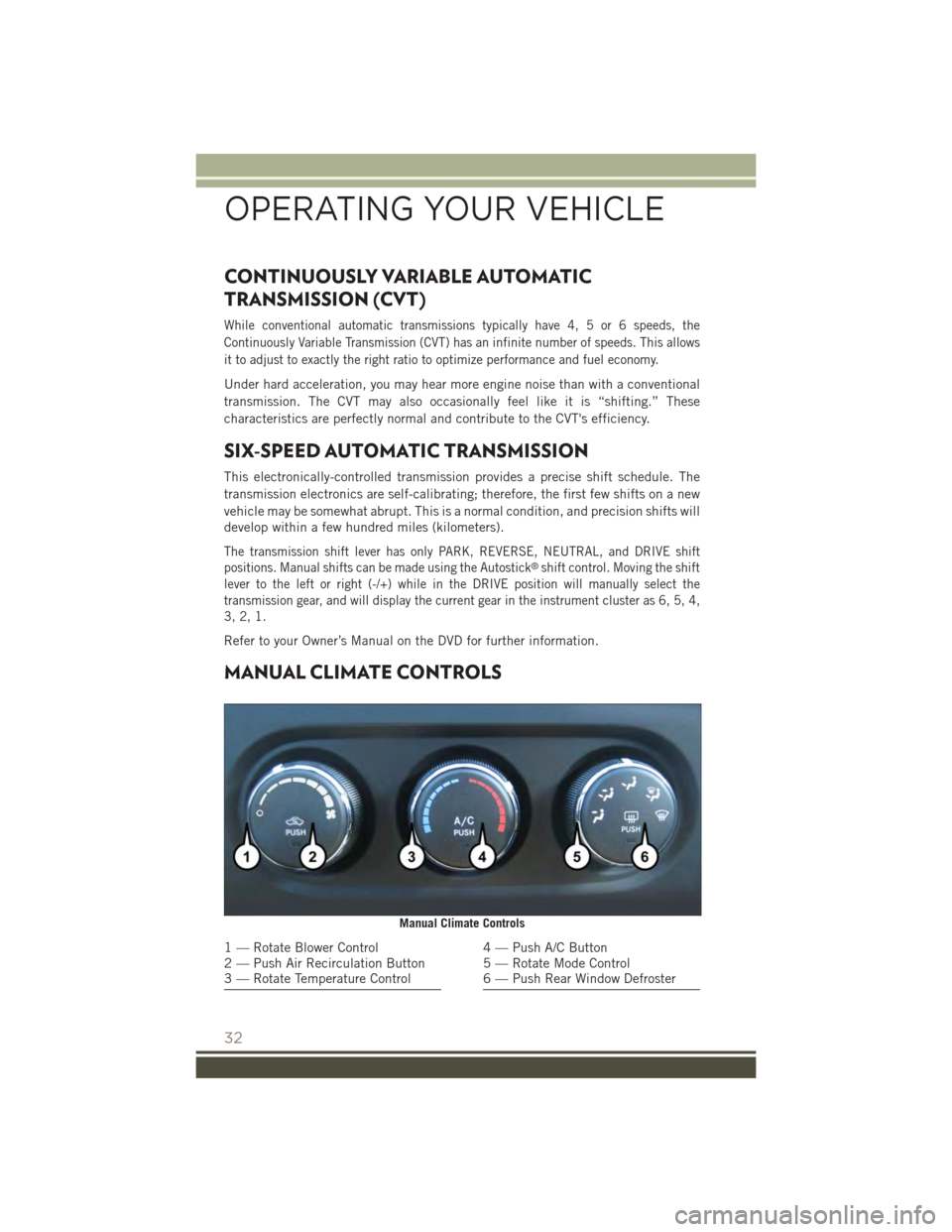 JEEP PATRIOT 2015 1.G Owners Guide CONTINUOUSLY VARIABLE AUTOMATIC
TRANSMISSION (CVT)
While conventional automatic transmissions typically have 4, 5 or 6 speeds, the
Continuously Variable Transmission (CVT) has an infinite number of sp JEEP PATRIOT 2015 1.G Owners Guide CONTINUOUSLY VARIABLE AUTOMATIC
TRANSMISSION (CVT)
While conventional automatic transmissions typically have 4, 5 or 6 speeds, the
Continuously Variable Transmission (CVT) has an infinite number of sp