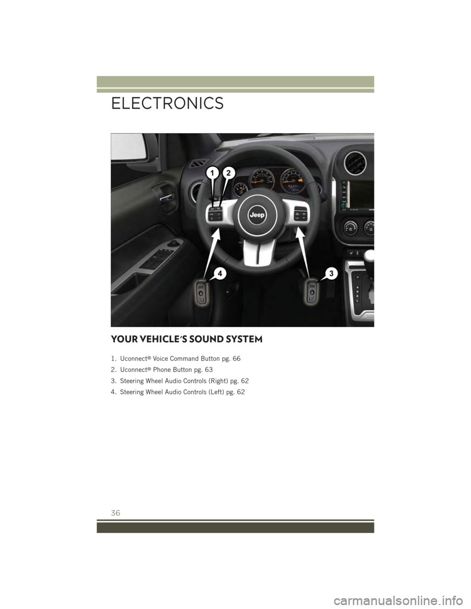 JEEP PATRIOT 2015 1.G Owners Guide YOUR VEHICLES SOUND SYSTEM
1. Uconnect®Voice Command Button pg. 66
2. Uconnect®Phone Button pg. 63
3. Steering Wheel Audio Controls (Right) pg. 62
4. Steering Wheel Audio Controls (Left) pg. 62
ELE