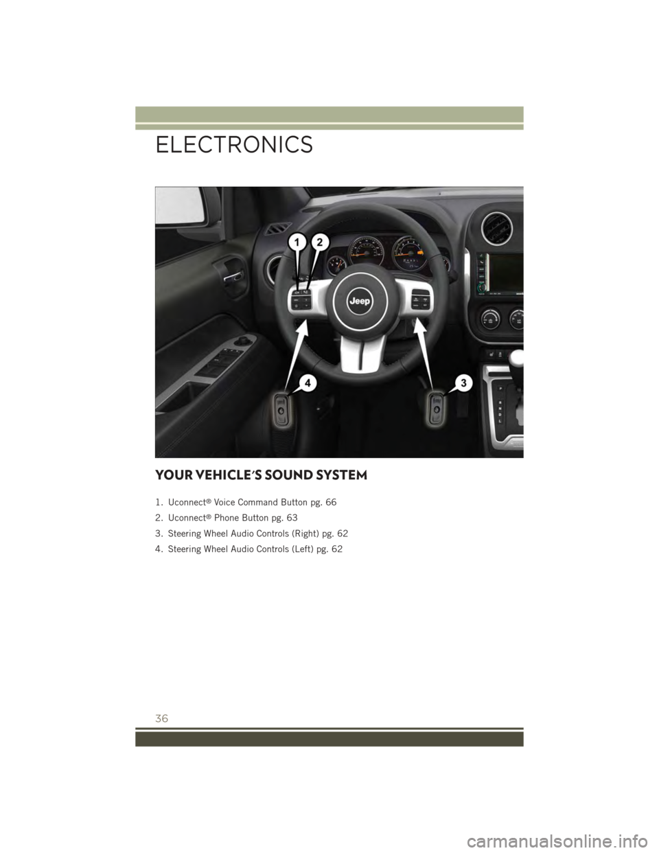JEEP PATRIOT 2015 1.G Owners Guide YOUR VEHICLES SOUND SYSTEM
1. Uconnect®Voice Command Button pg. 66
2. Uconnect®Phone Button pg. 63
3. Steering Wheel Audio Controls (Right) pg. 62
4. Steering Wheel Audio Controls (Left) pg. 62
ELE JEEP PATRIOT 2015 1.G Owners Guide YOUR VEHICLES SOUND SYSTEM
1. Uconnect®Voice Command Button pg. 66
2. Uconnect®Phone Button pg. 63
3. Steering Wheel Audio Controls (Right) pg. 62
4. Steering Wheel Audio Controls (Left) pg. 62
ELE